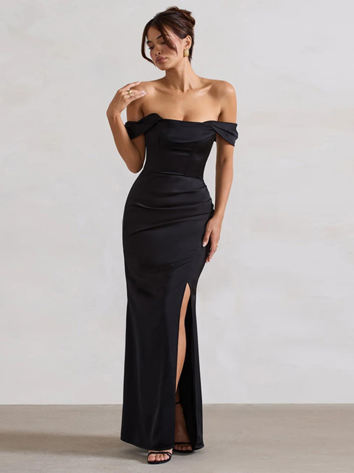 Elegant Satin Dress with Drop Shoulder Design, Waist Cinching & Split Thigh Detailing, Perfect for Special Occasions, Aesthetic