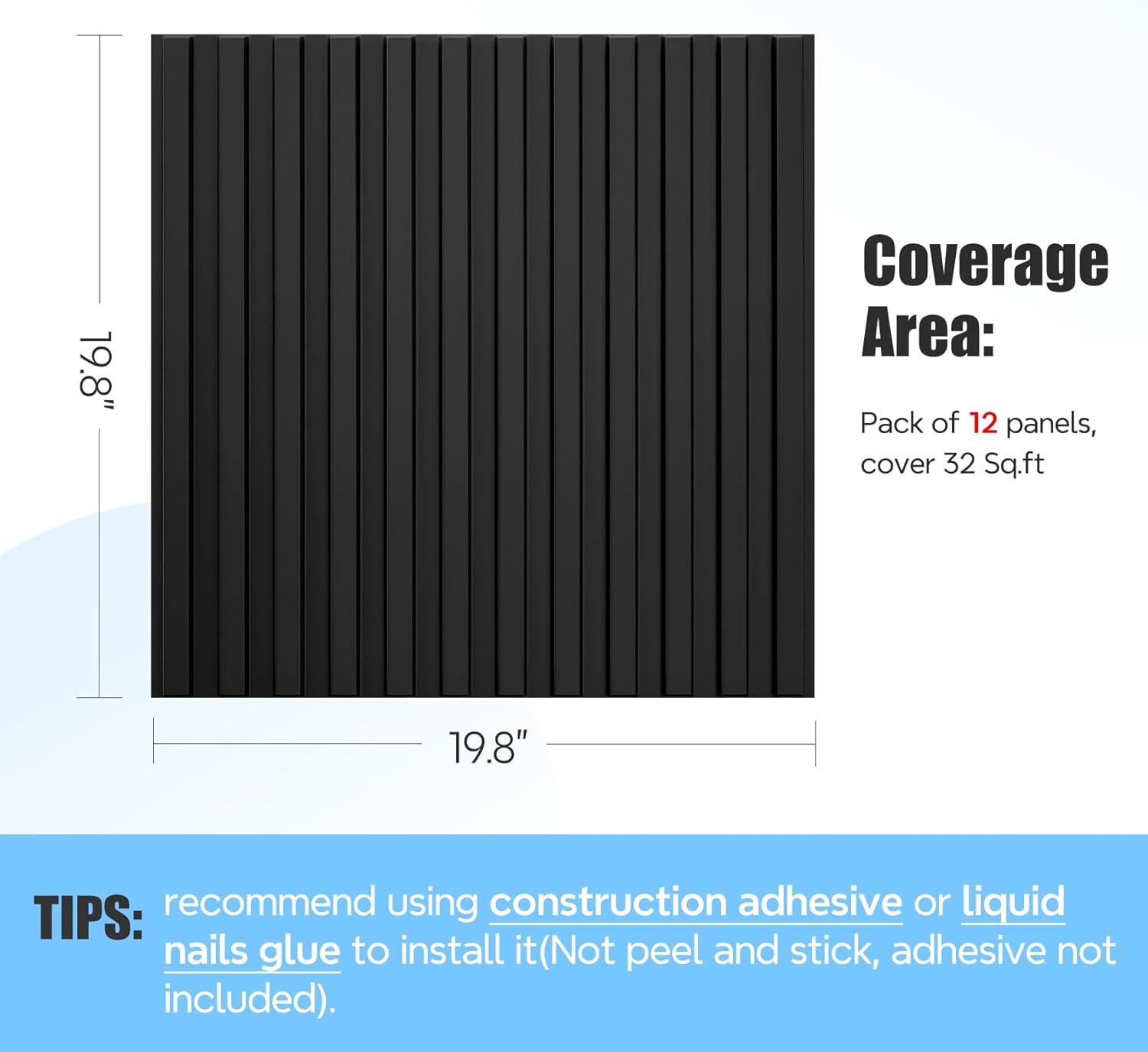 STICKGOO 12 Pcs 3D Slat Wall Panels, 19.7" x 19.7" Main String Wall Panels, Decorative PVC Wall Tiles, 3D Textured Wall Panels for Interior Wall Decor, 32 Sq.Ft - Black