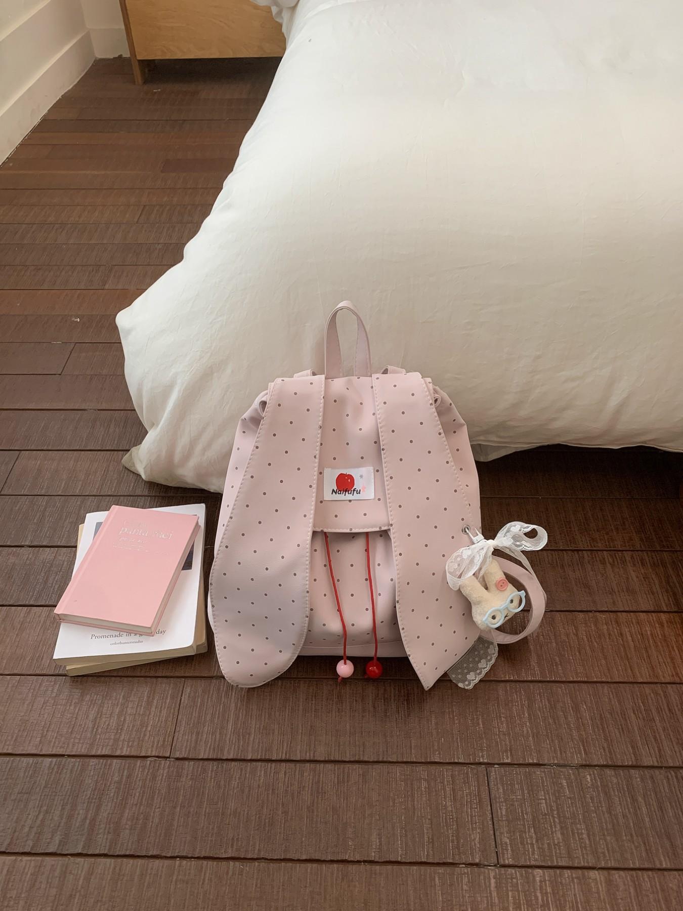 New Rabbit Ears Polka Dot Backpack, Cute Korean Style Student Bag, Large Capacity Commuter Backpack, Soft Adorable Bunny Shoulder Bag