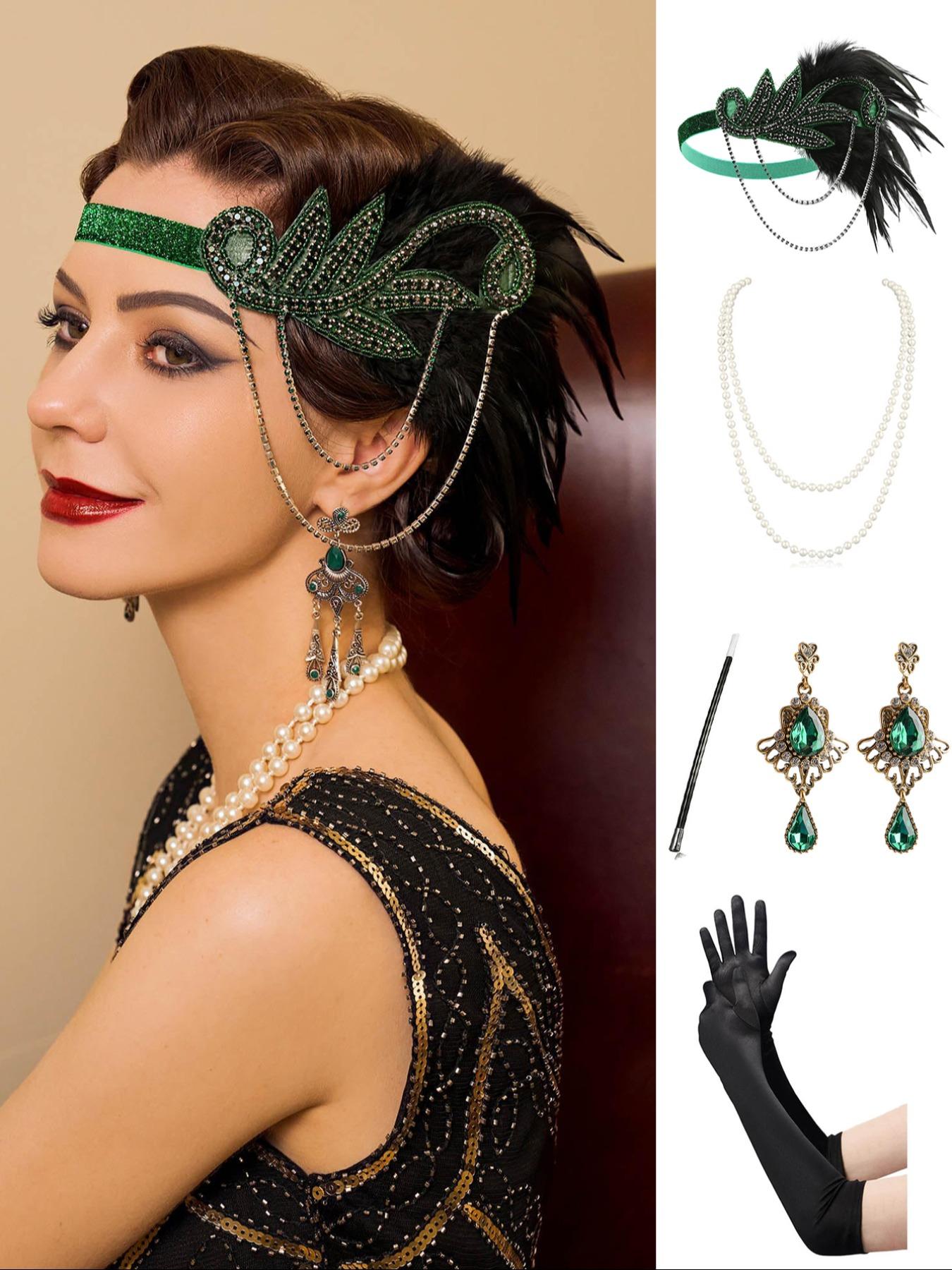 5PC/Set 1920s Flapper Set for Women,Roaring 20s Headband Headpiece Costume Accessories for Halloween Party Cosplay