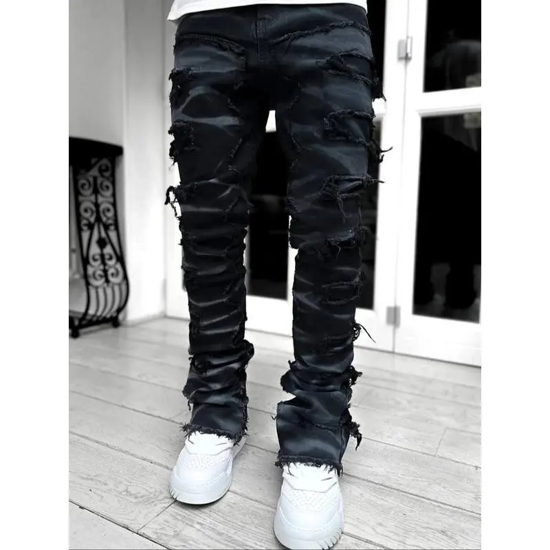 Men's Ripped Stacked Jeans, Casual Comfy Slim-fitting Denim Pants for Daily Wear, Streetwear Fashion Men's Bottoms for All Seasons, Jeans for Men, Cotton, Ripped Stretch Jeans, Menswear