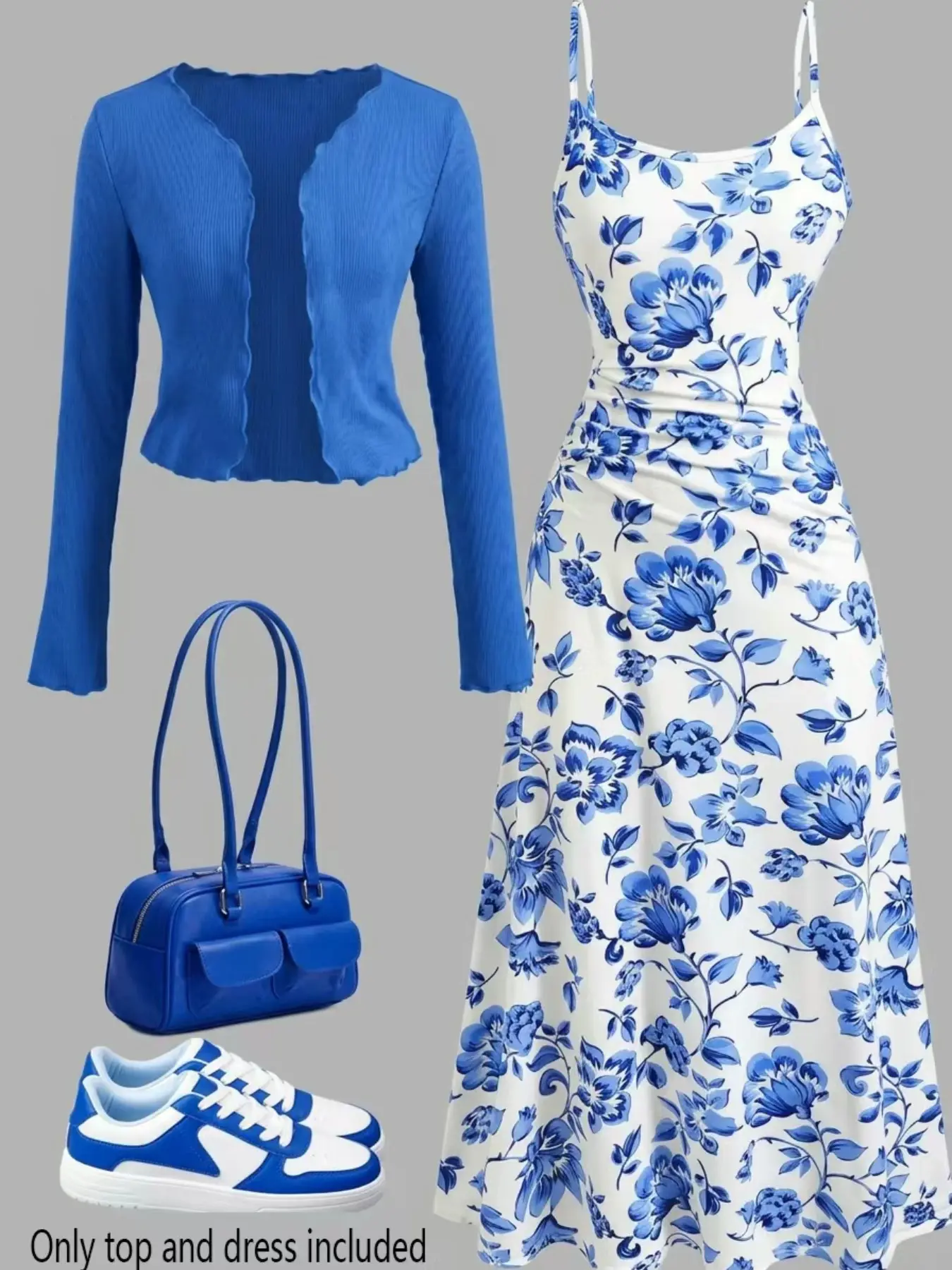Women's Floral Camisole Midi Dress with Ruffle Knit Cardigan Two-Piece Set, Slim Fit Vacation, Elegant and Comfortable, Ditsy Floral Dress