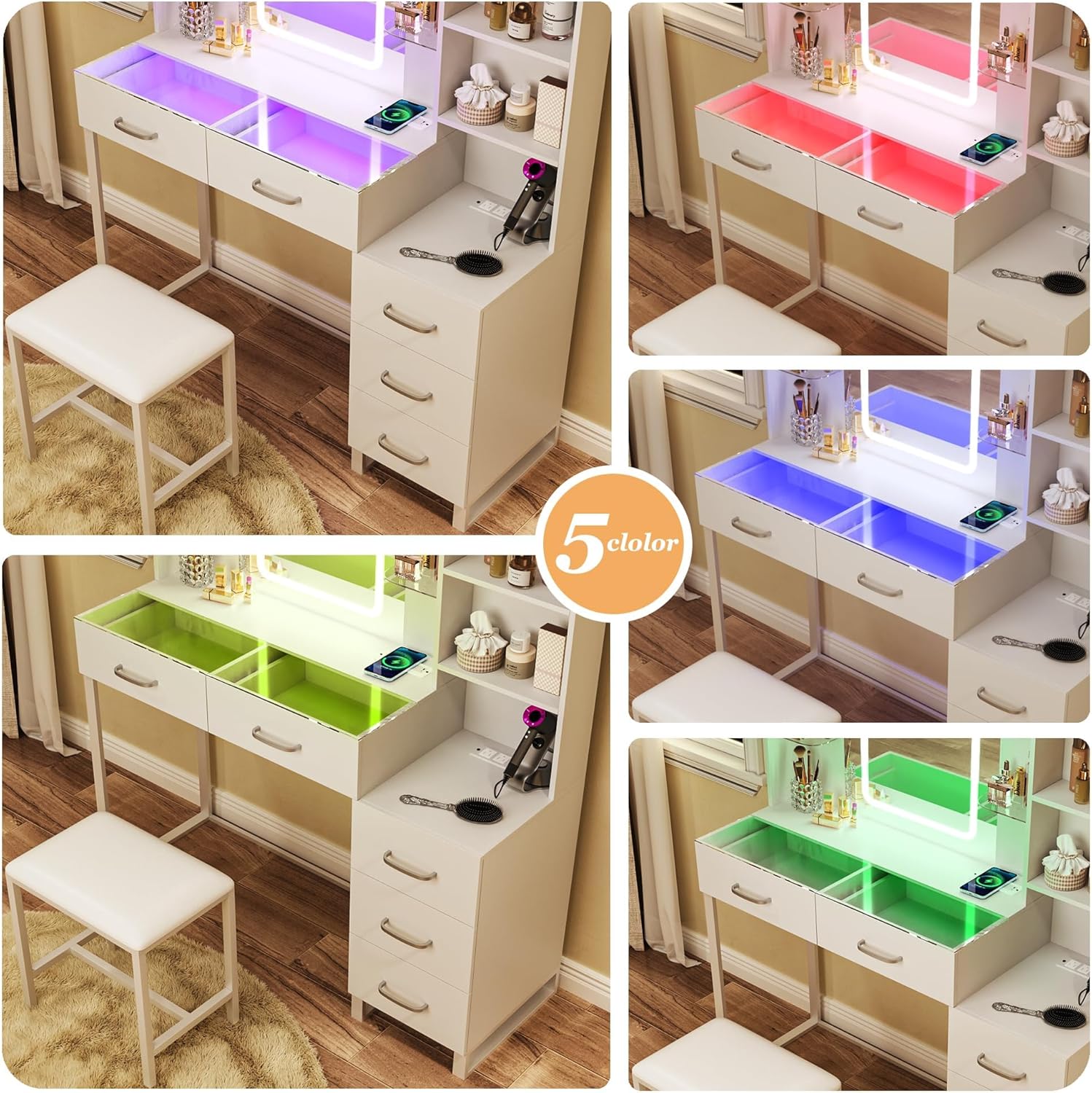 Vanity Desk with Mirror and LED Lights, 57.5" Makeup Vanity with Glass Top & Wireless Charging, Vanity with RGB Drawers, 3 Colors Light, Power Outlet Safety Switch for Bedroom, White