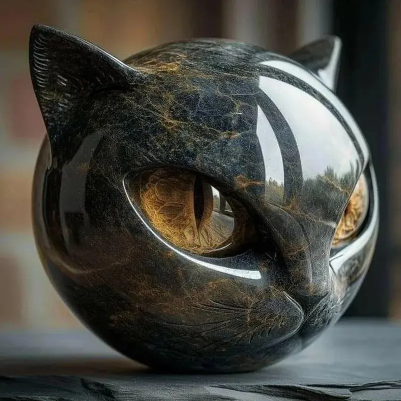 Decorative Resin Black Cat Head Figurine, Marble Texture Healing Stone Cat Stone Keepsake, Cat Lover Gift Desktop Ornament for Office Desk Home Table Cats Decor