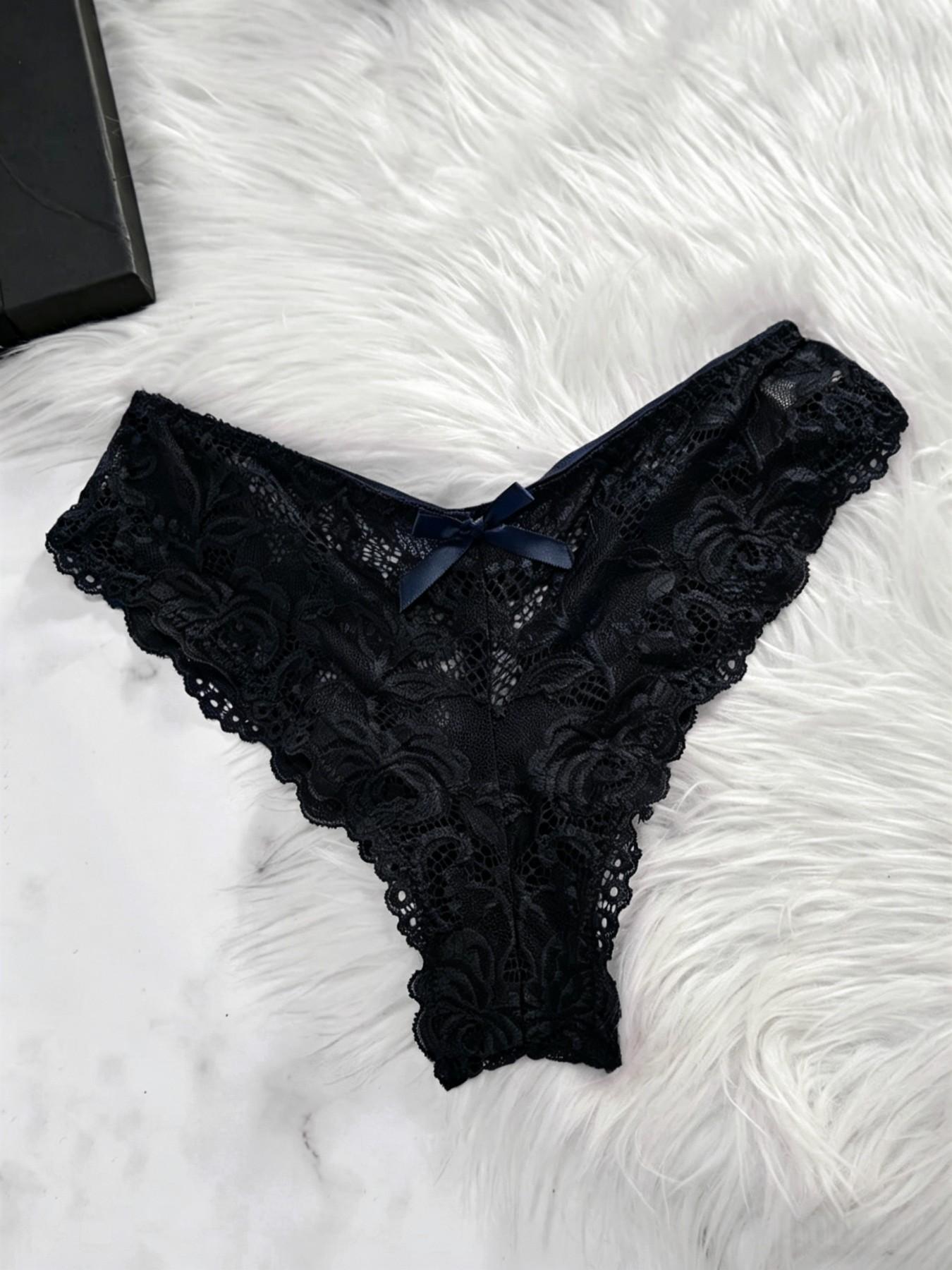 1 Count Ladies' Sexy Ruffle Trim Cami Nightdress & Bow Decor Panty Sets, Comfortable Playful Floral LaceSee Through Sleepwear Set, Sexy Slim-fit Spaghetti Strap Dress& Thong Set, Comfy Pj Set, Suitable For Holiday&Valentine's Day