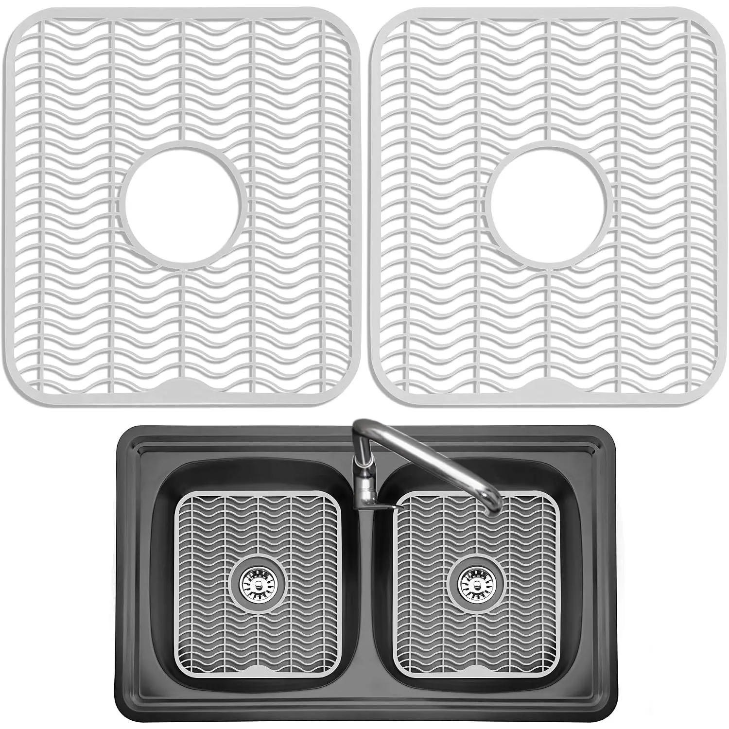 2 Sink Protectors for Kitchen Sink, Plastic 12" x 11" Dish Rack, Protect Sink from Stains, Damage, Scratches, Dishwasher Safe Grid Mat for Kitchen (2 Pack, White)