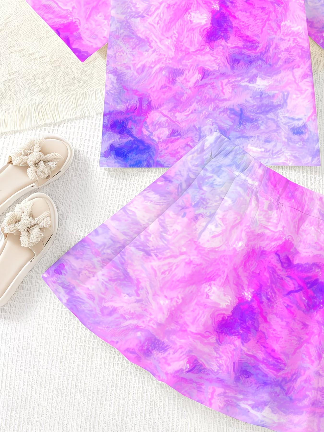 Girls' 3D Cat Print Top and Skirt Set, Summer Casual, Round Neck Short Sleeve, Slim-Fitting, All over Print, Two-Piece Suit