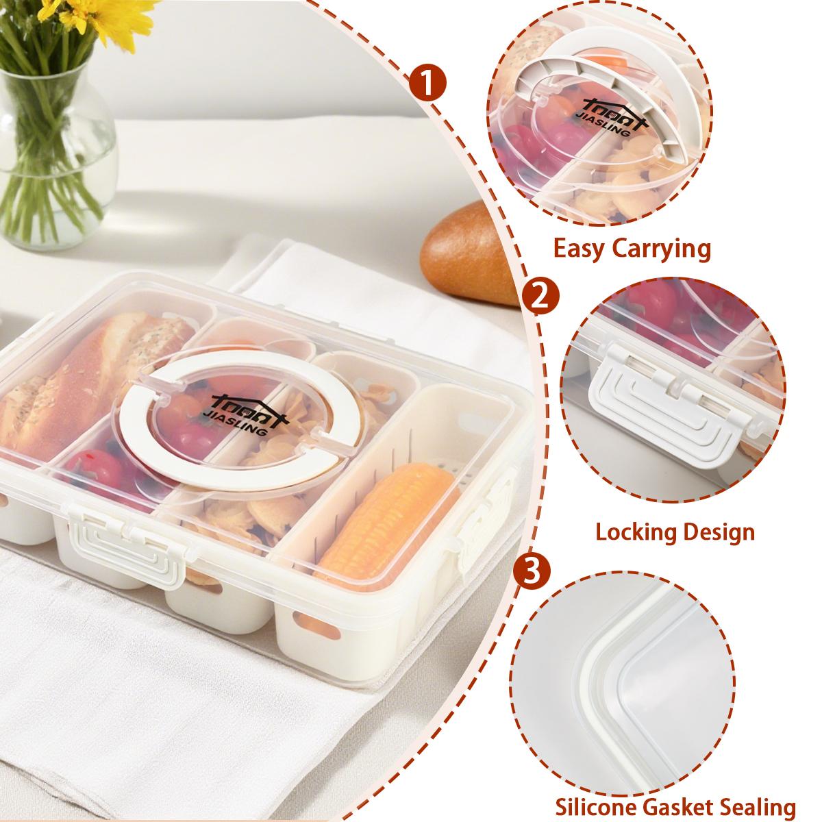 Fruit Storage Containers for Fridge Keep Fresh - Divided Serving Tray with Lid and Handle - Portable Picnic Parties Snackle Box Veggie Tray - Berry Candy Food Snack Organizer Travel