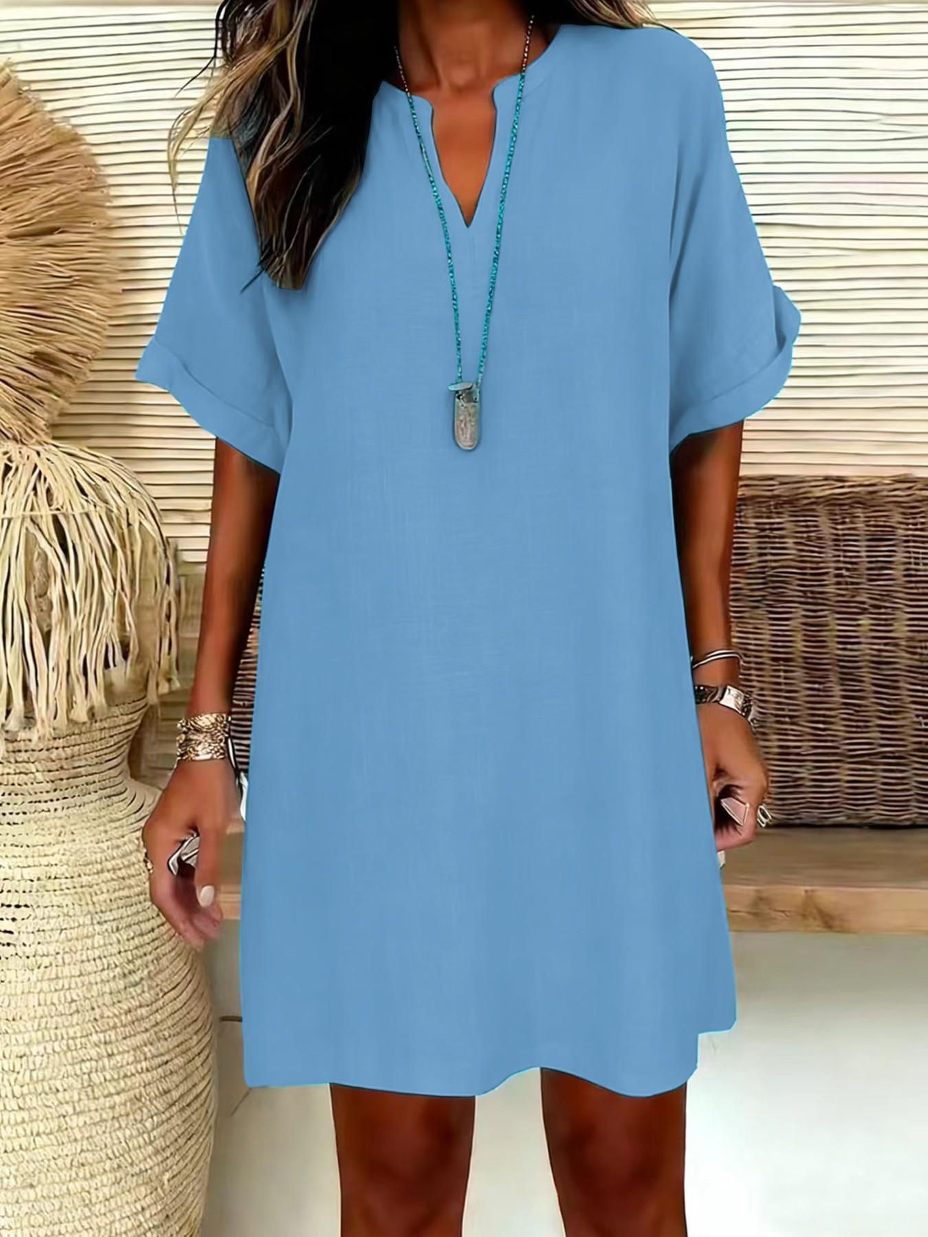 Women's Plain Notched-Neck Short Sleeve Midi Dress, Casual Chic Fashion Drop Shoulder A-Line Dress for Summer, Comfortable and Stylish Dress Women's Plain Notched-Neck Short Sleeve Midi Dress, Casual Chic Fashion Drop Shoulder A-Line Dress for Summer, Comfortable and Stylish Dress