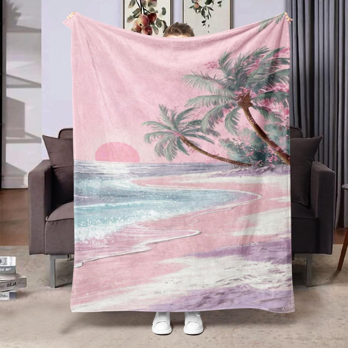 Comfortable Flannel Blanket, Beach Theme Coconut Grove Sunset Pattern, Digital Print, Ideal for Living Room and Camping