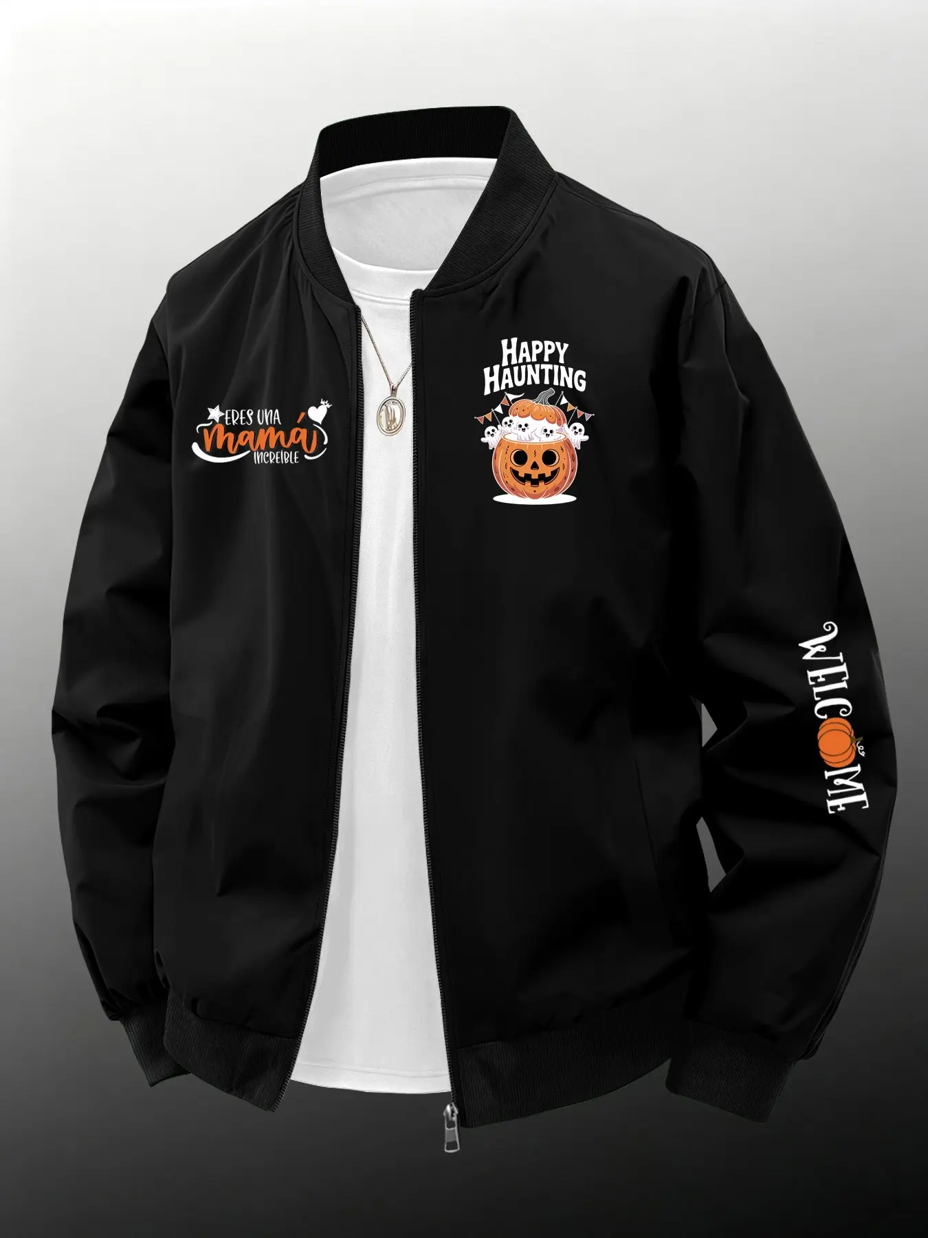 Ghost Face Clown Theme Jacket, Trendy Ghost Pattern with Letter Slogan, Street Style, Casual Long Sleeve, Slim-Fit, All Seasons