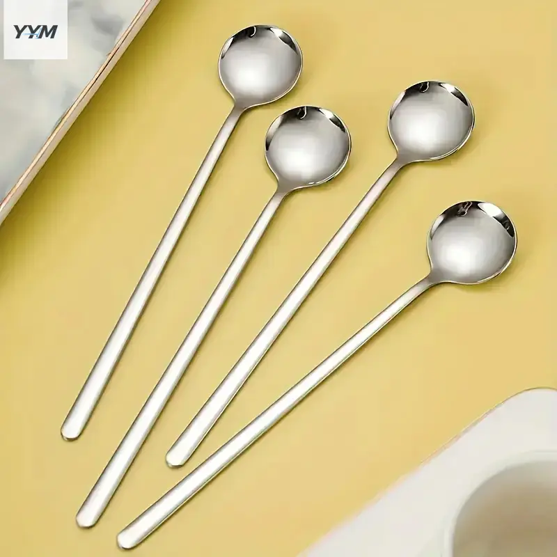 YYM Set of 4 Coffee Spoons, Silver Teaspoons with Long Handles, Mixing Spoons Made of Food-Grade Stainless Steel, Kitchenware, Drink Utensils