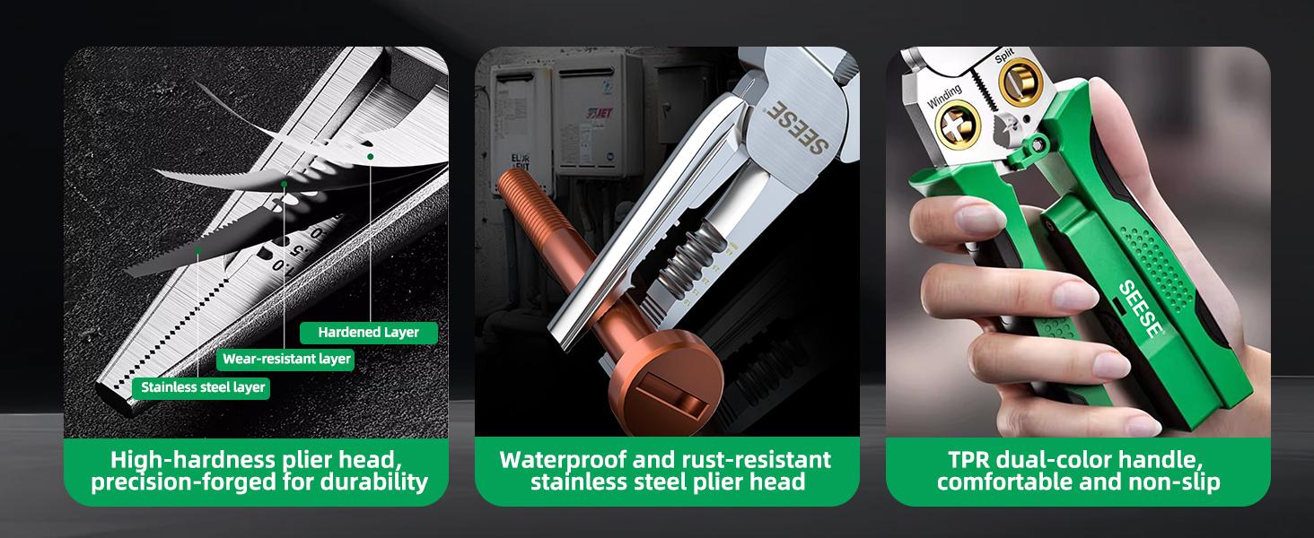 SEESE 8-in-1 Wire Stripper & Twister – Cutting, Pulling Wires, Voltage Tester Pliers, Cable Scissors, AC/DC Live, Null & Hot Wire Detection with Audible & Flashing LED Alarms