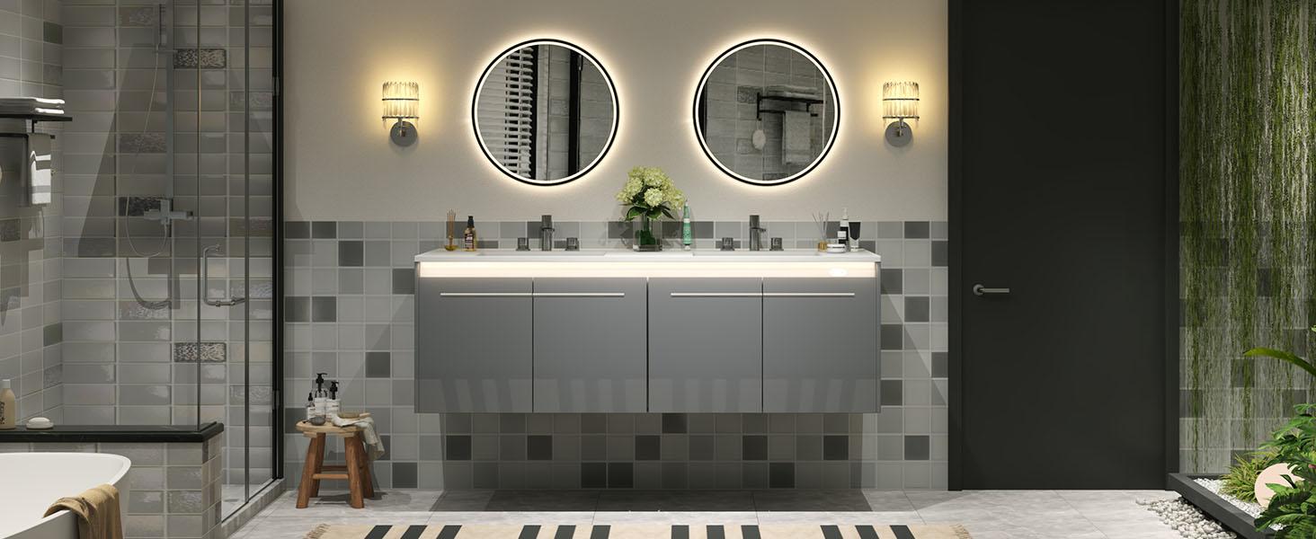 [Ships in 2 Boxes] VanAcc 31/60"Floating Bathroom Vanity with Sink, High Gloss Single Sink Wall Mounted Bathroom Storage Vanity Cabinet with LED Light & Metal Handles, Modern Bathroom Sink Cabinet