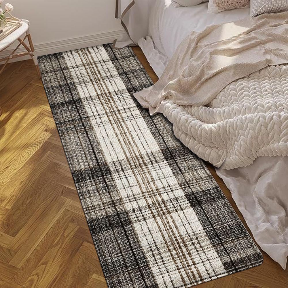 1PC， Spring Brown and White Plaid Fabric Patterned strip rugs, home décor, bathroom mats, entryway mats, bathroom non-slip mats, indoor entrance rugs, bedroom bedside mats, kitchen mats, hallway rugs, flannel sponge rugs, hallway runner rugs