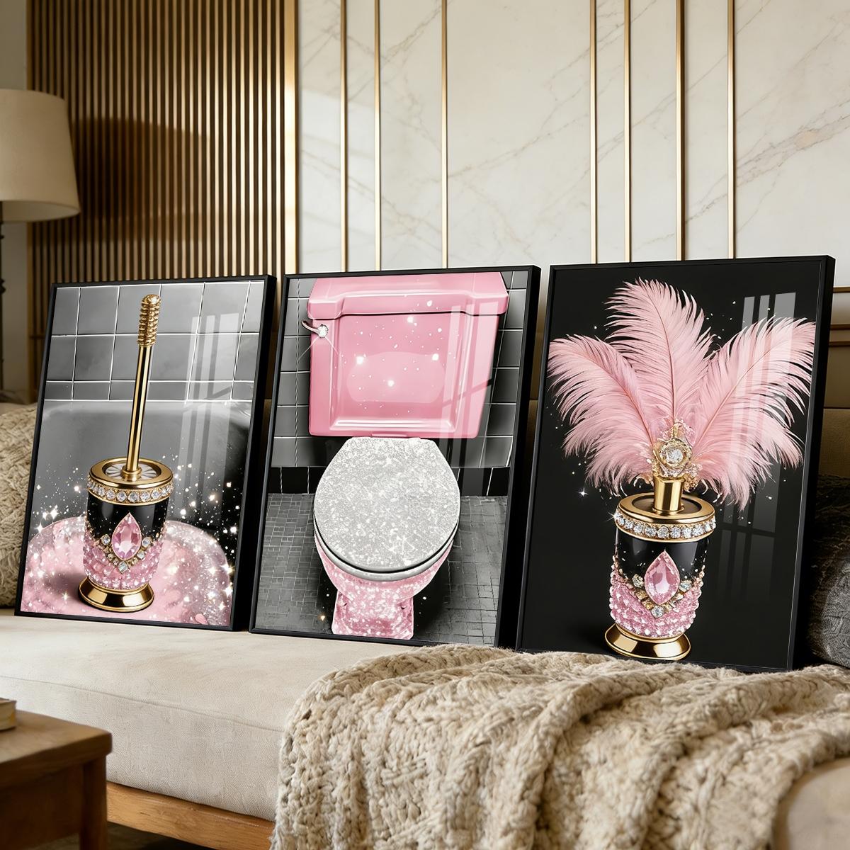 3 Counts Aluminum Alloy Framed Painting, Luxury Pink Diamond Feather Toilet Brush Set Pictures, Home Decoration For Living Room, Bedroom, Office, Restaurant, Hallway Wall Decor, Odorless Print Artwork, Luxury Perfect Gift For Friends And Family