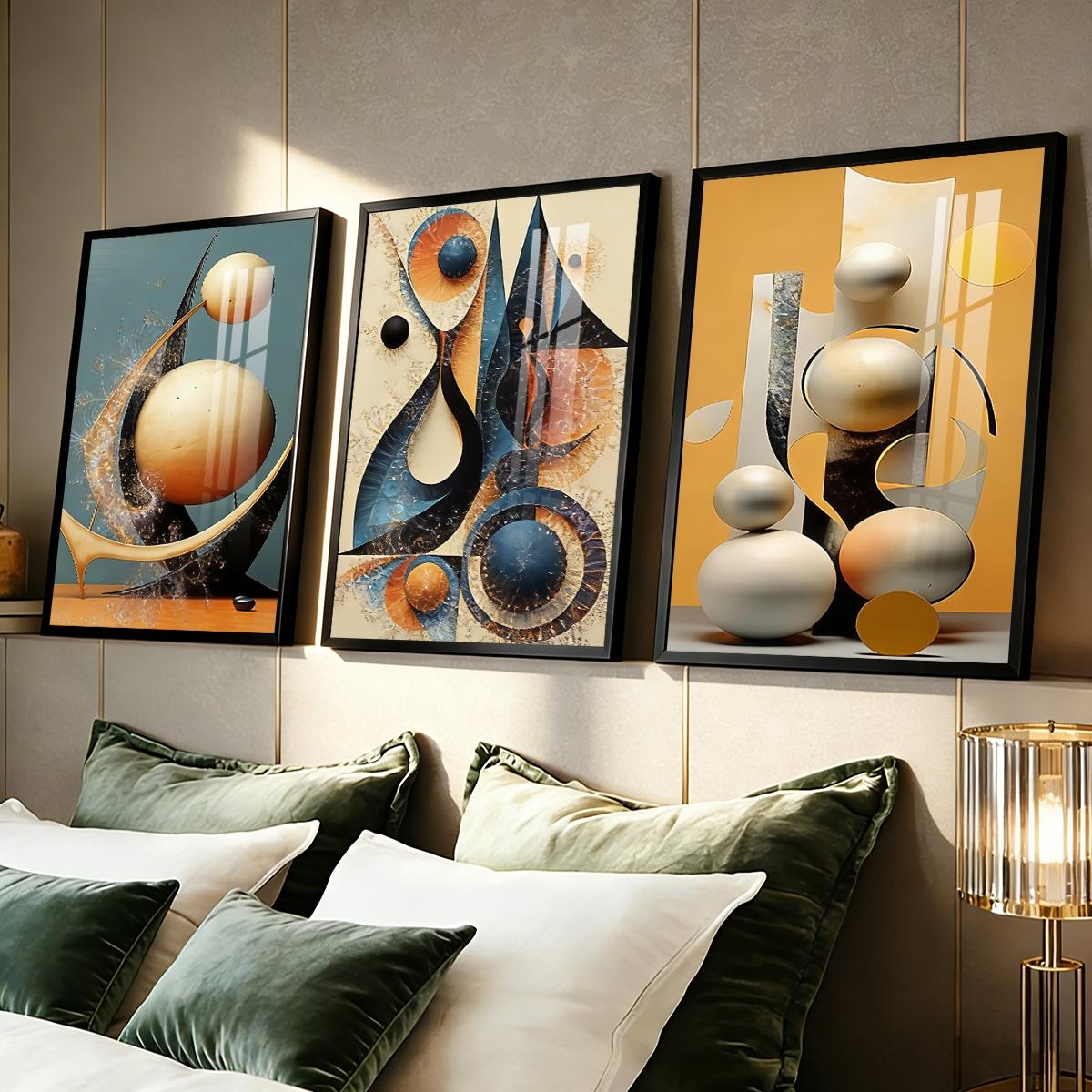 3 Counts Aluminum Alloy Framed Painting, Abstract Geometric Shapes And Spheres Art Pictures, Home Decoration For Living Room, Bedroom, Office, Restaurant, Hallway Wall Decor, Odorless Print Artwork, Luxury Perfect Gift For Friends And Family