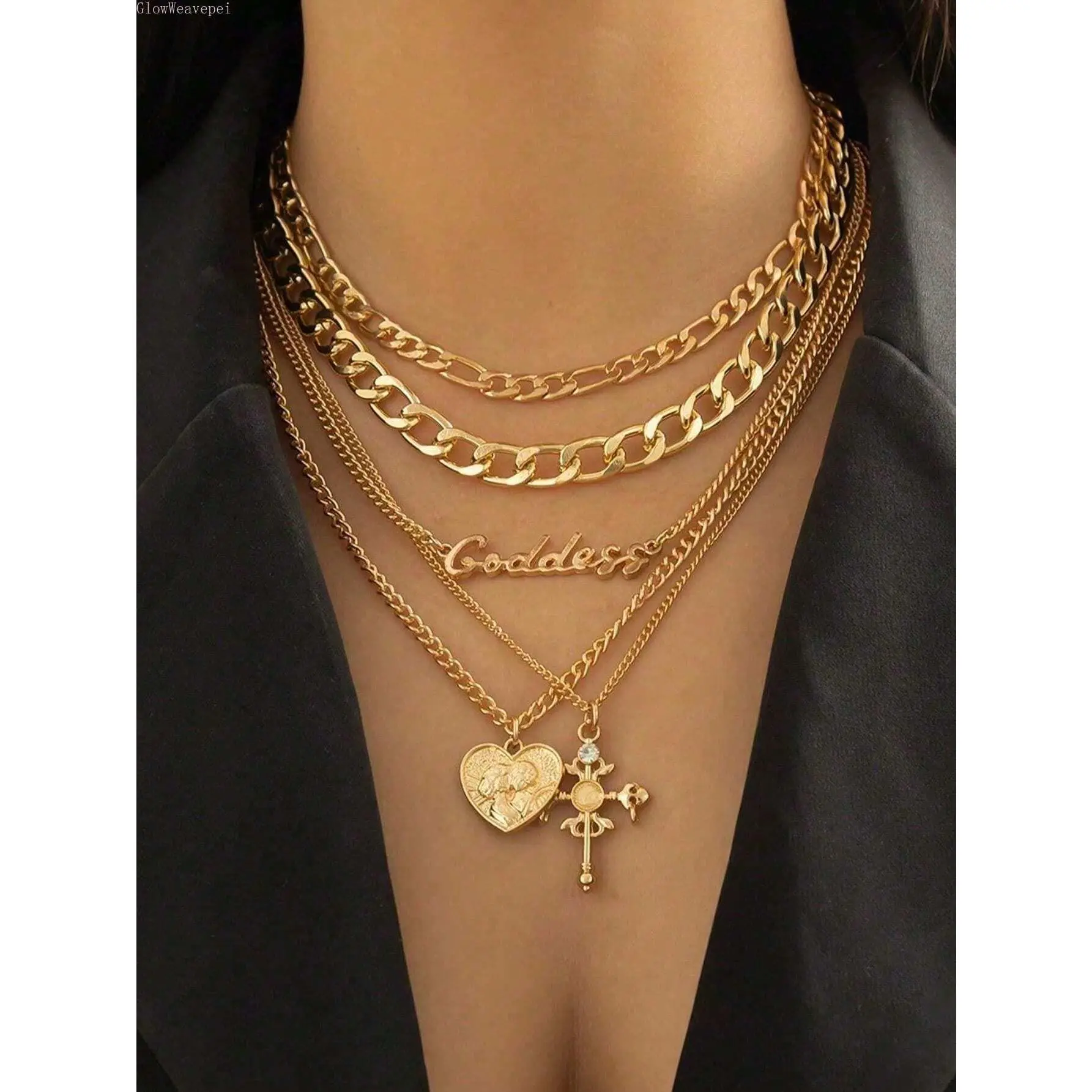 Women's 5-PCS Layered Gold Chain Necklace Set - Embossed Heart Medallion, Gothic Cross Pendant, Goddess Letter Charm, Stacked Choker for Daily Wear, Rhinestones Accent, Ideal Womens Gifts for Female Fashion Jewelry Lovers