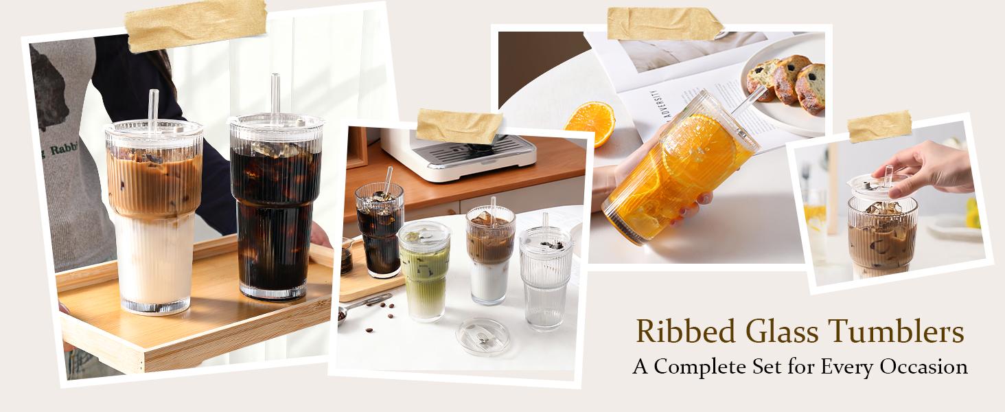 Iced Coffee Cups with Lids: Coffee Bar Accessories - Ribbed Glass Tumbler with Straw and Lid 4Pcs - 20oz Leak Proof Tumbler - Reusable Glass Cups and Tumblers with Lid and Straws for To Go Iced Coffee