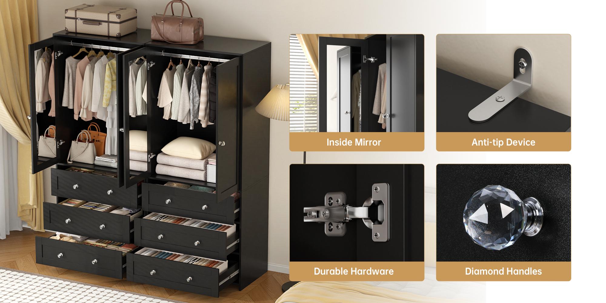 VOWNER Freestanding Wardrobe, 71" High Closet with 2 Doors and 3 Drawers, Bedroom, Living Room