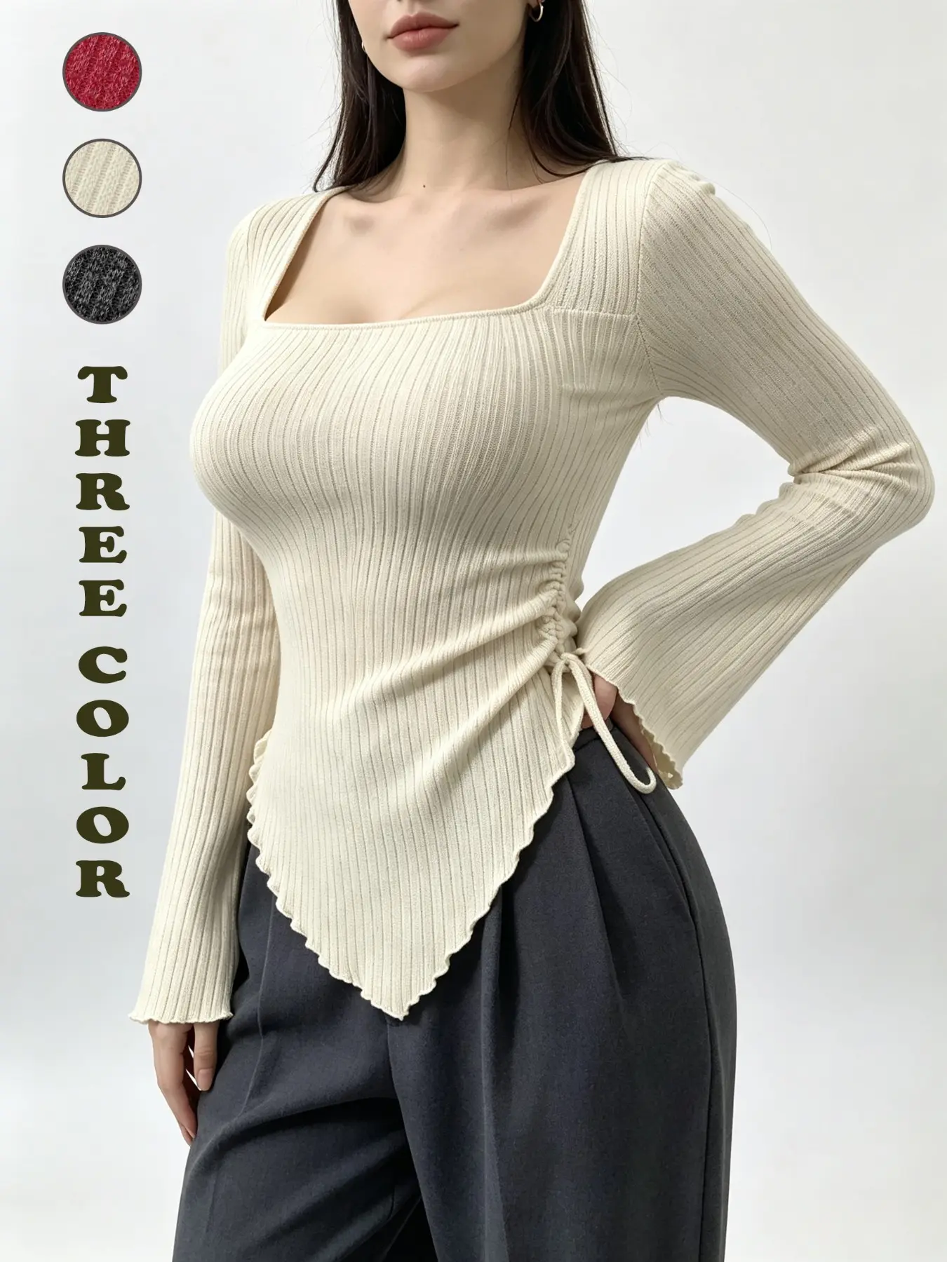Women’s Ribbed Knit Top Long Sleeve Slim Fit with Side Drawstring Flare Sleeves Asymmetrical Hem Wavy Ruffle Trim Stretchy Solid Color Casual Layering Shirt for Daily Wear, Work, Commuting, Spring Fall
