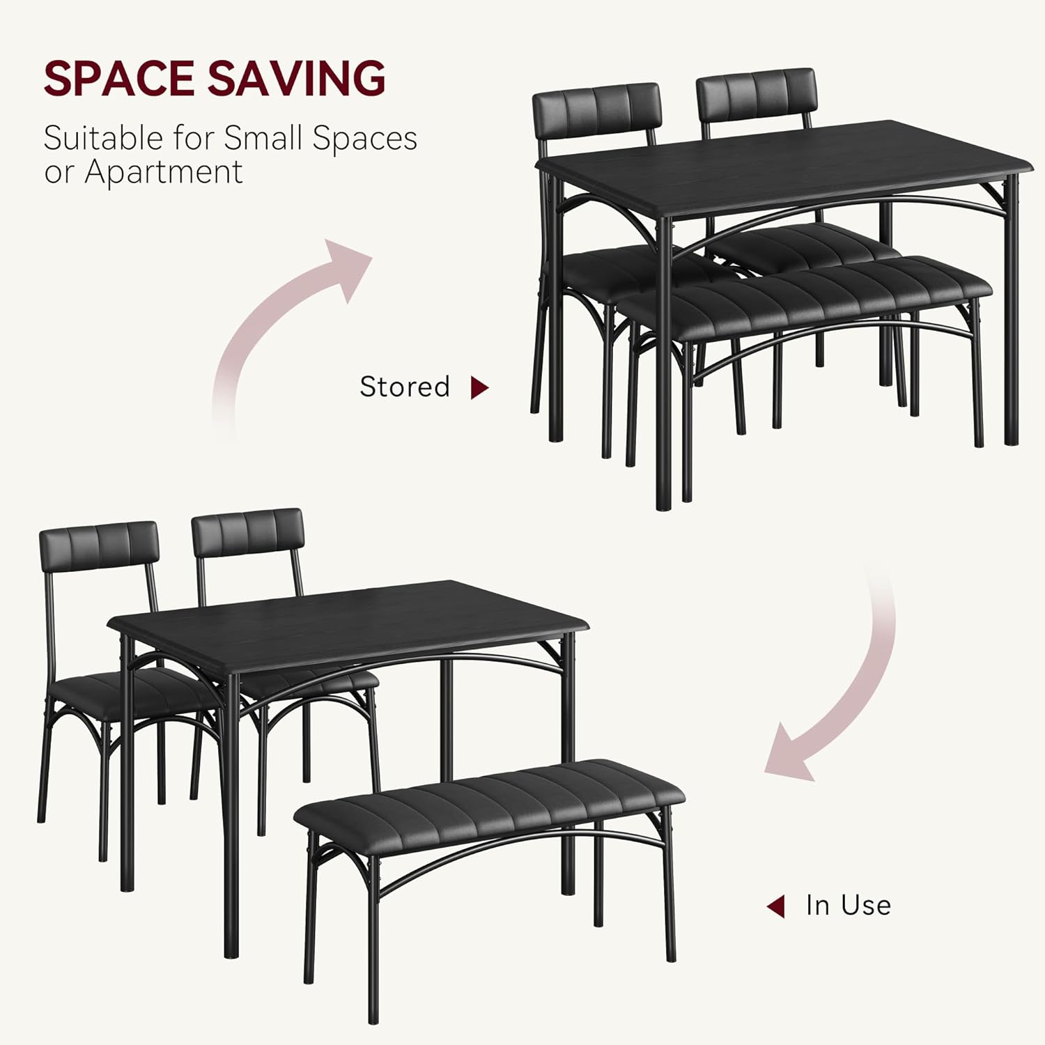 4-Piece Dining Set for 4 with Table, 2 Chairs & Upholstered Bench, Rectangular Wood Kitchen Table for Small Spaces, Apartments & Breakfast Nook 4-Piece Dining Set for 4 with Table, 2 Chairs & Upholstered Bench, Rectangular Wood Kitchen Table for Small Spaces, Apartments & Breakfast Nook