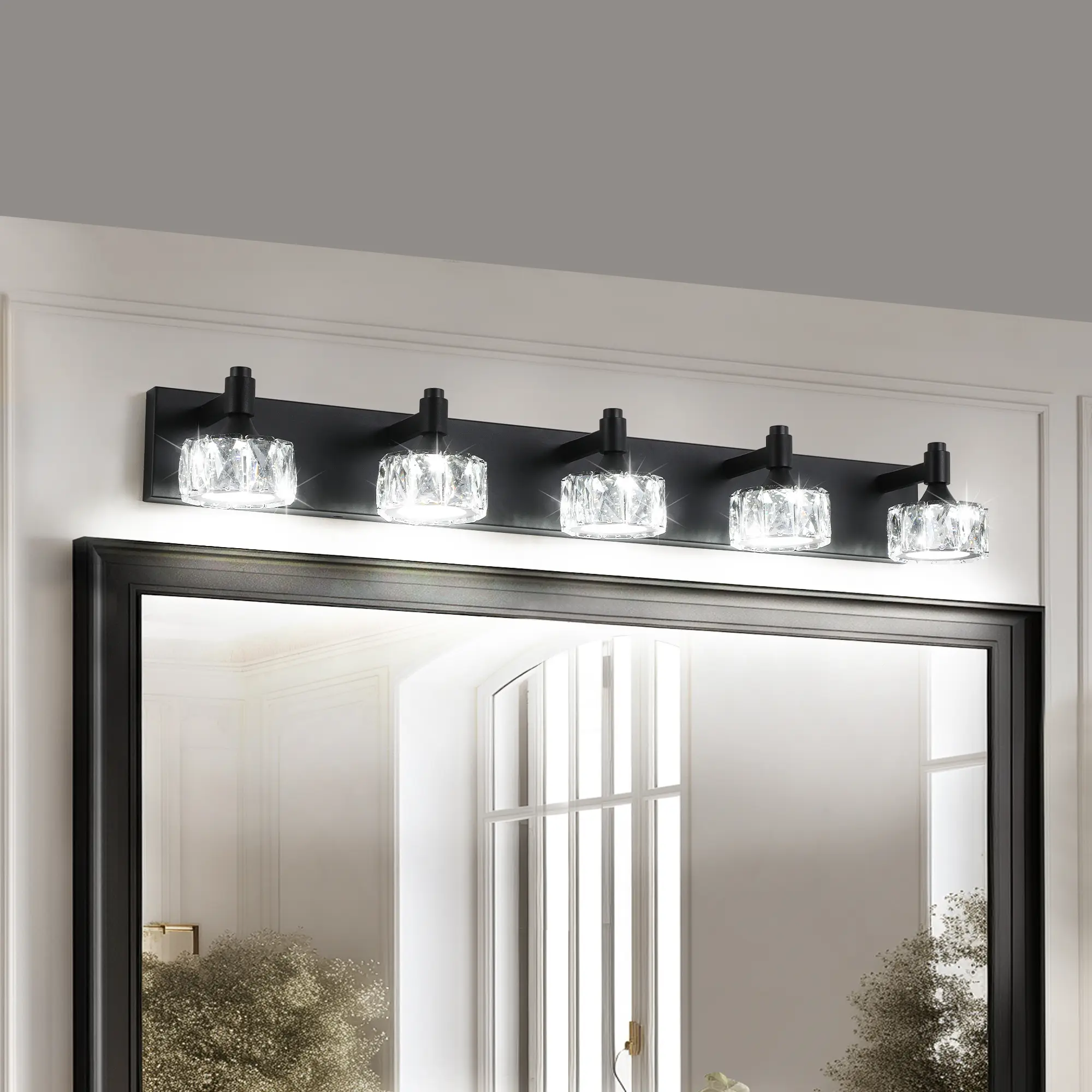 Modern Black Crystal LED Bathroom Vanity Light, 5-Light Integrated LED Wall Sconce with Clear Glass Shades, Mirror Lighting Fixture for Bathroom, Bedroom & Powder Room