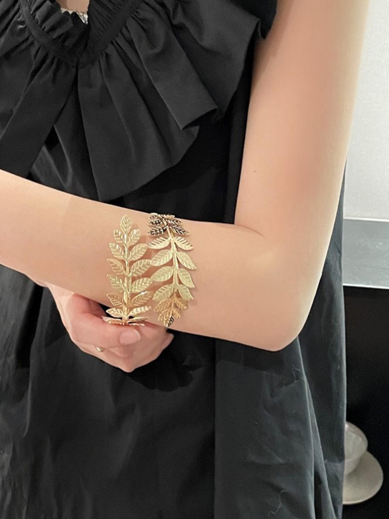 Metal Leaf Open Arm Ring, Fashion Exaggerated Roman Personalized Branch Adjustable Bracelet, Holiday Party Preferred Accessory