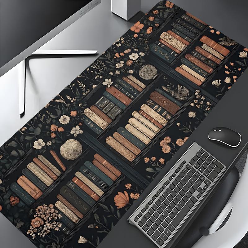 Floral Bookshelf Pattern Mouse Pad, Rectangle Gaming Mouse Pad, Non-slip Rubber Pad, Desktop Decoration Protective Pad for Home Office, Office Desk Accessories