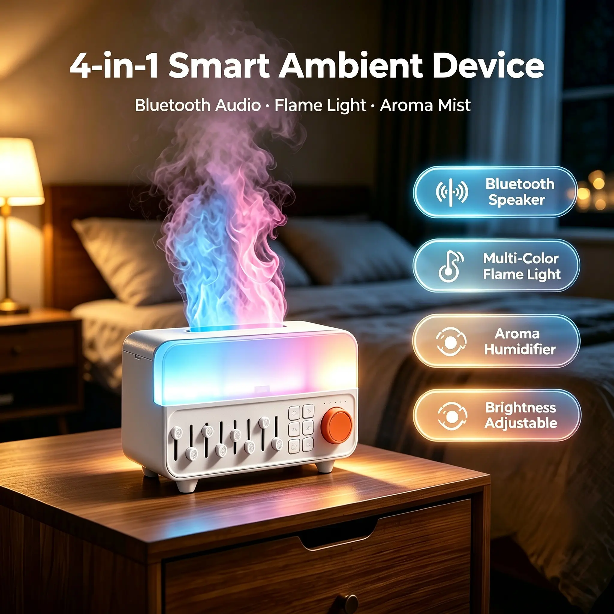 Flame Effect Humidifier, RGB Aroma Diffuser with White Noise, Vintage Desk Decor Cool Mist Essential Oil Diffuser Night Light for Bedroom Home Office Stress Relief & Better Sleep