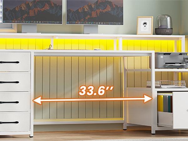 Sikaic 66 Inches LED Gaming Desk With File Drawer Power Outlet Printer Cabinet And Monitor Shelf Furniture Table Storage Office FathersDayGift Adjustable Ergonomic Chair