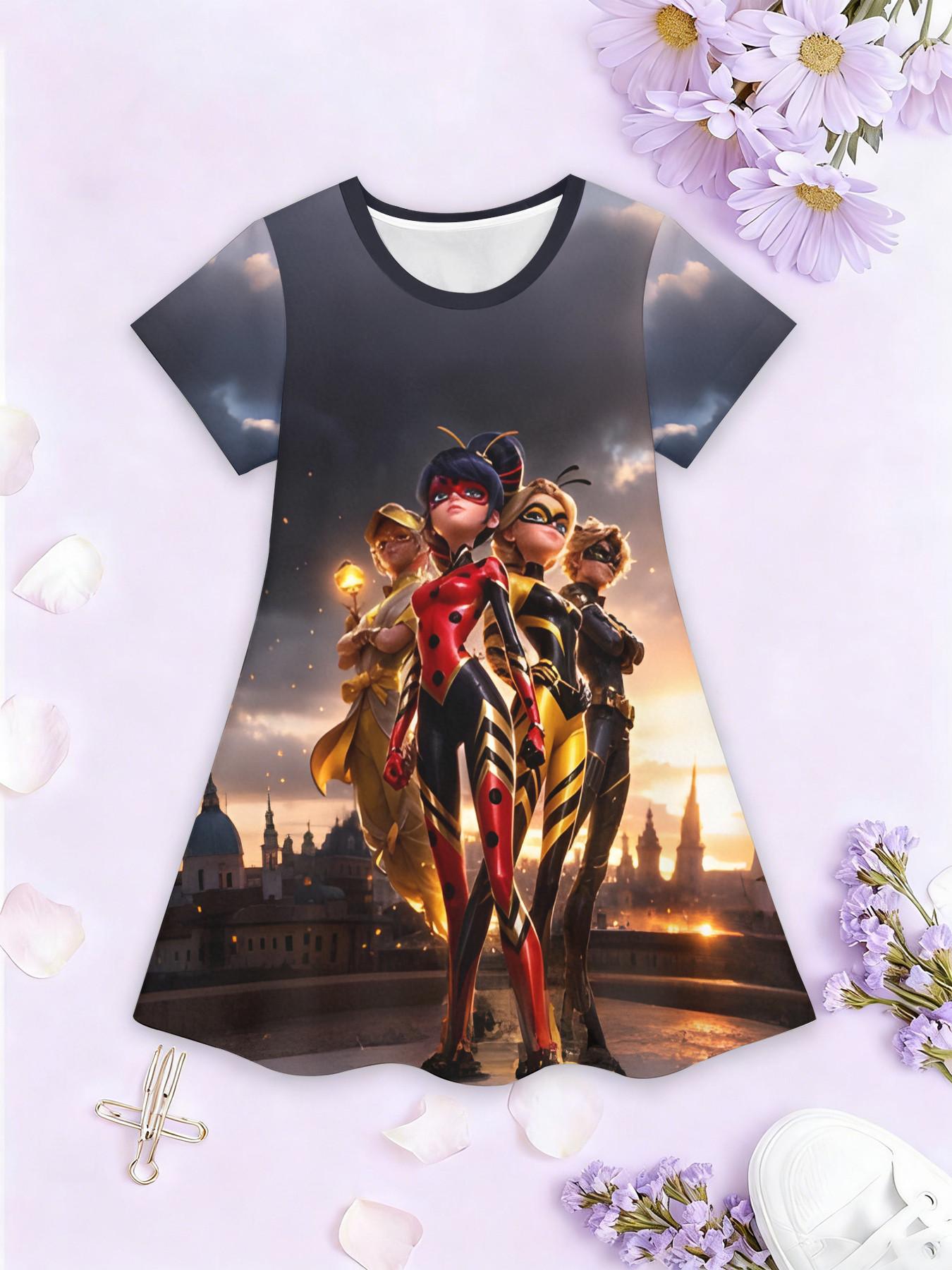 Girls' 3D Short Sleeve Dress, Miraculous Ladybug Full Print, Perfect for Parties, Festive Gifts, Birthday Presents, Casual Style