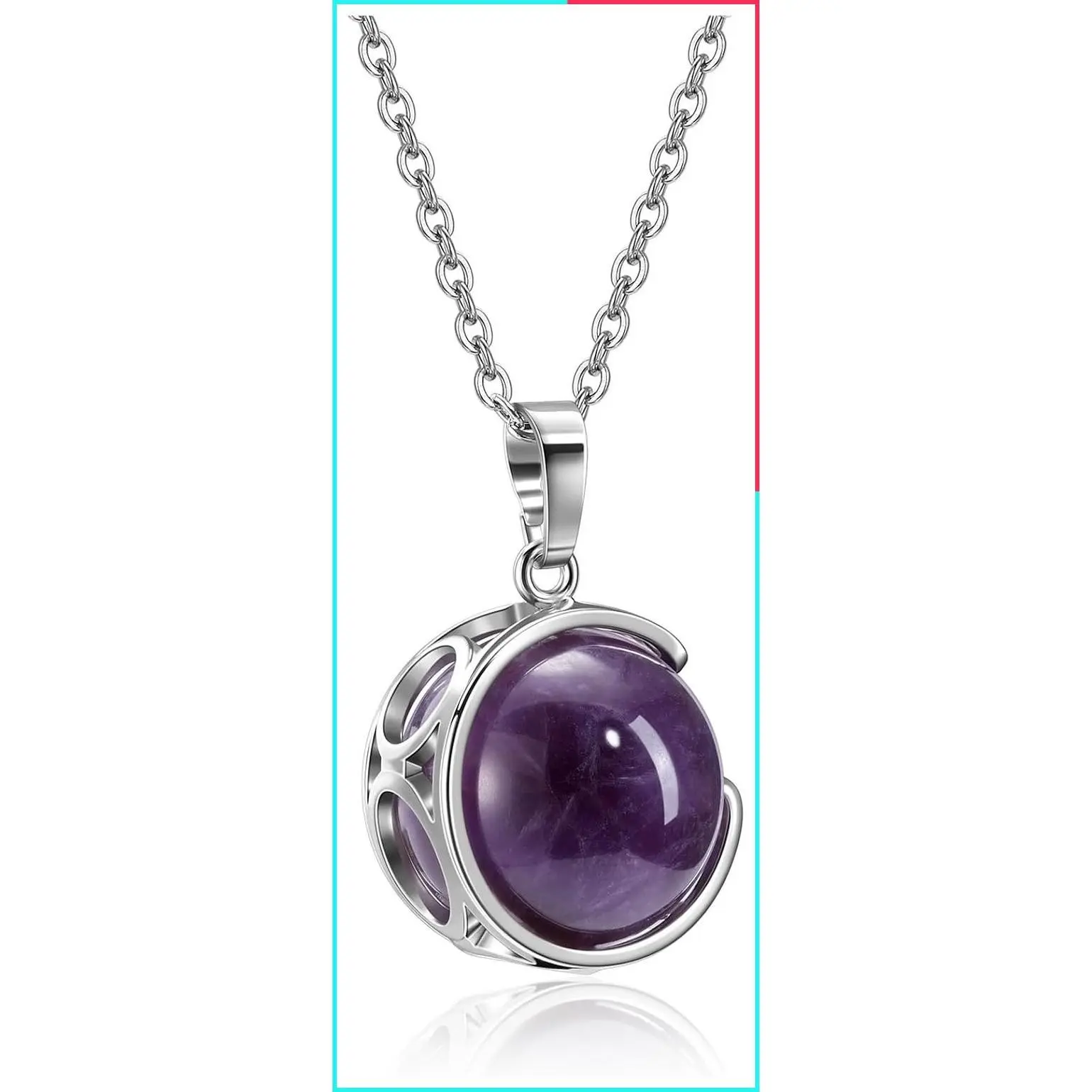 Amethyst Crystal Necklace Natural Gemstone Rotating Round Ball Pendant Energy Jewelry Gift for Women Mom Christmas Purple