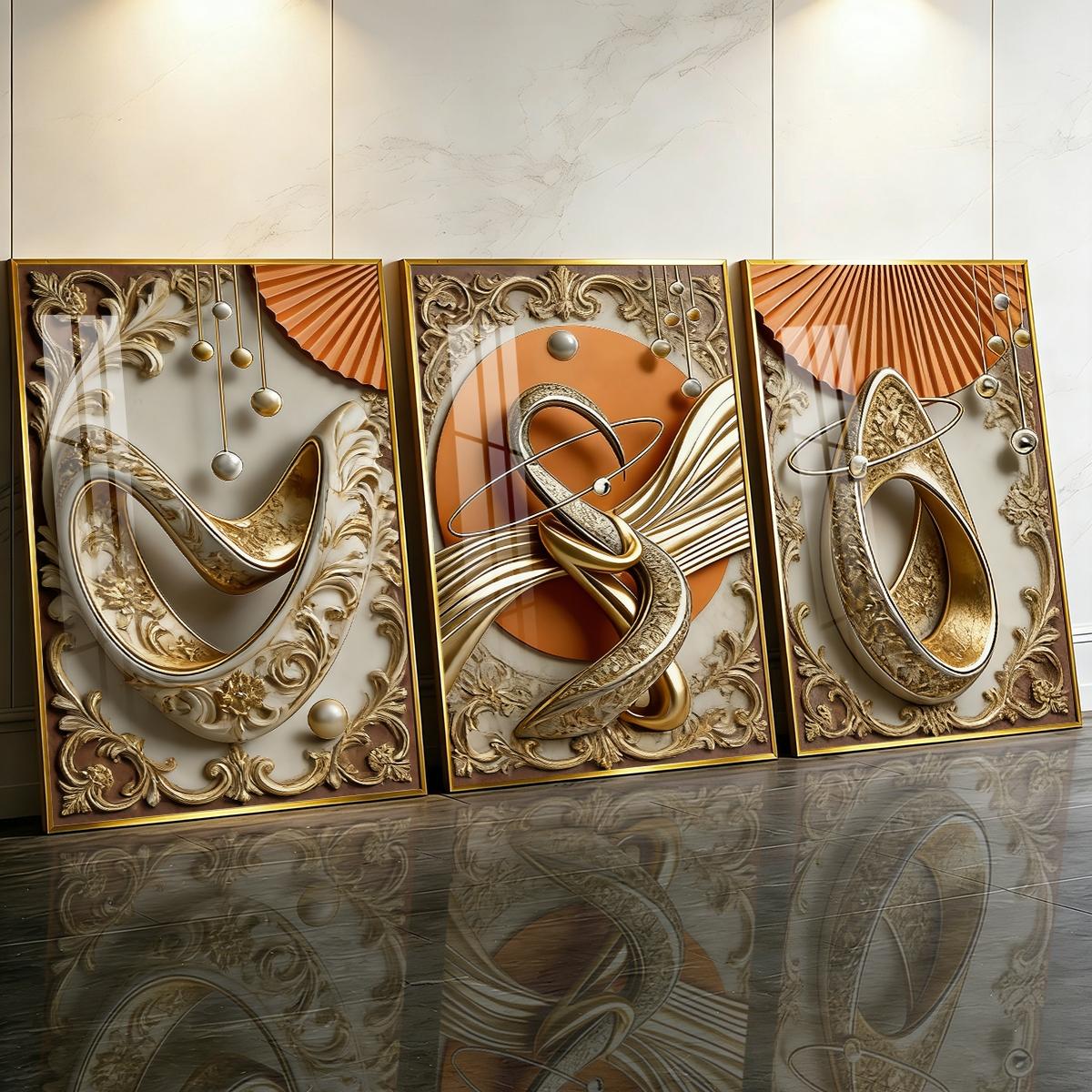 3 Counts Aluminum Alloy Framed Painting, Abstract Gold And Beige Geometric Art Pictures, Home Decoration For Living Room, Bedroom, Office, Restaurant, Hallway Wall Decor, Odorless Print Artwork, Luxury Perfect Gift For Friends And Family