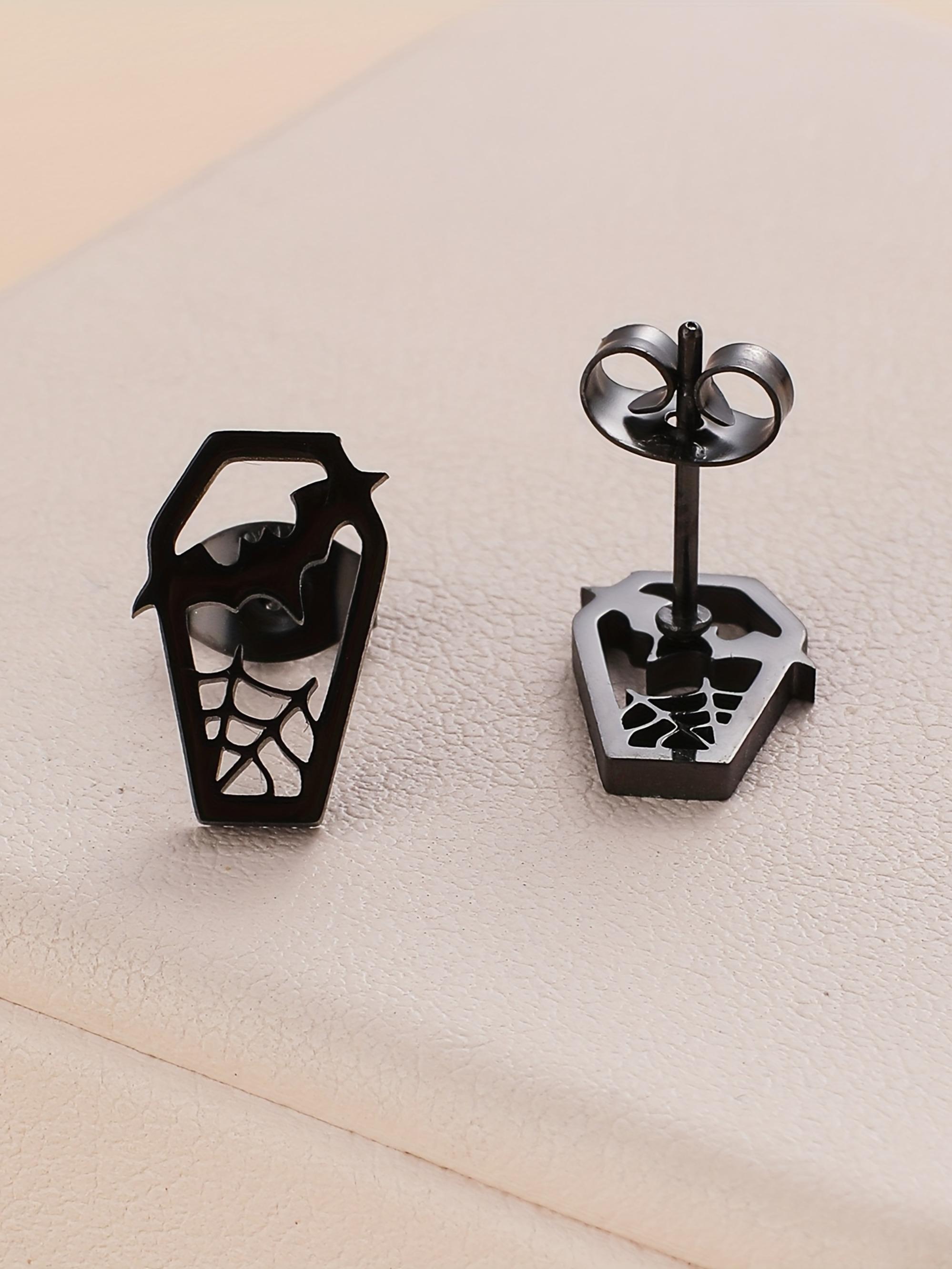 Unisex Silver Stainless Steel Gothic Bat-Coffin Stud Earrings - Witchy Spooky Jewelry, 1 Size, Lightweight Hypoallergenic, Fashionable Jewelry Accessories, Coffin Shape Halloween Fashion Accessory