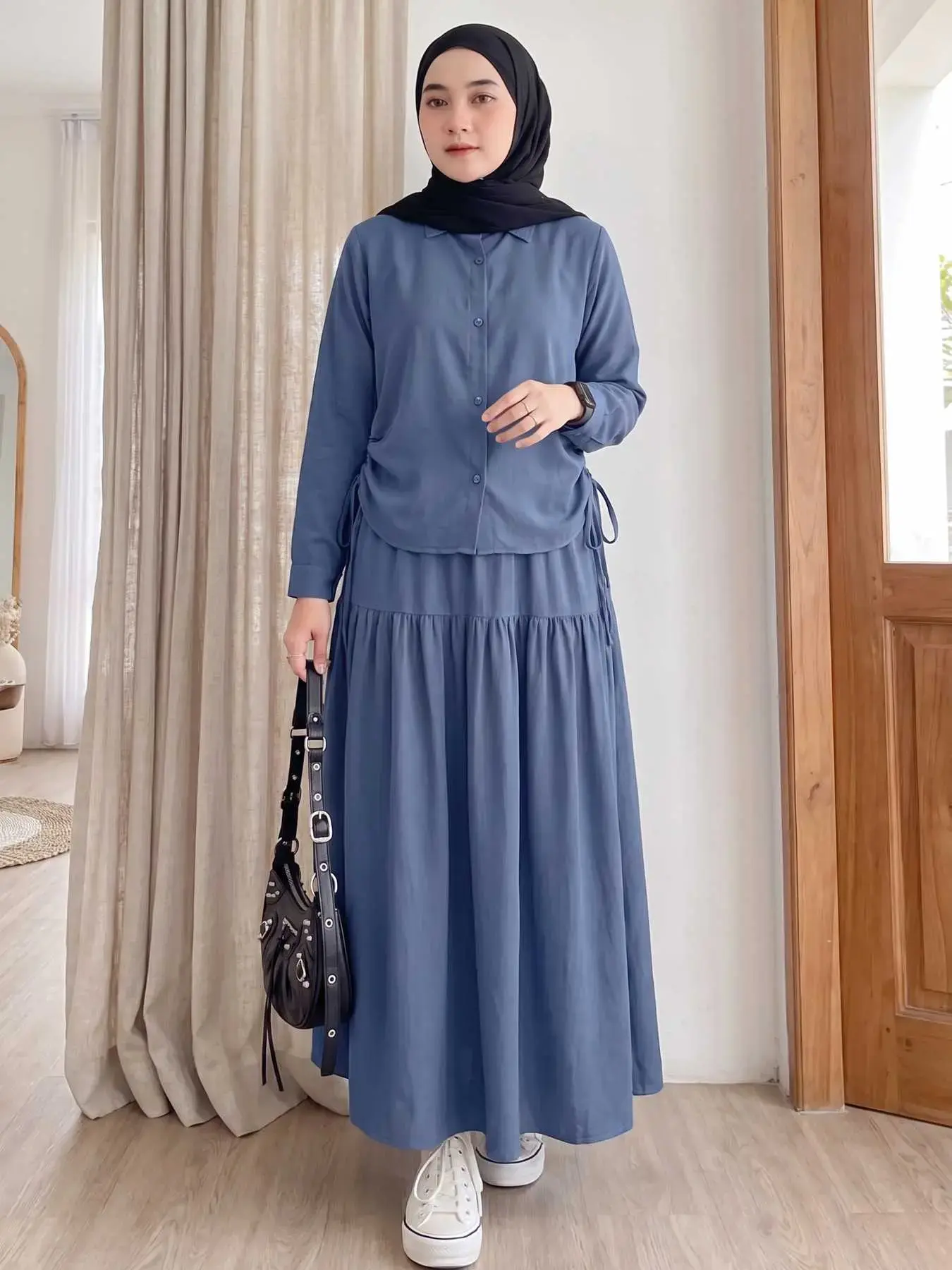 Women's Lapel Long Sleeve Drawstring Shirt + Skirt Set, Casual Loose-Fit Two-Piece, Spring & Fall Fashion, Solid Color, Modest