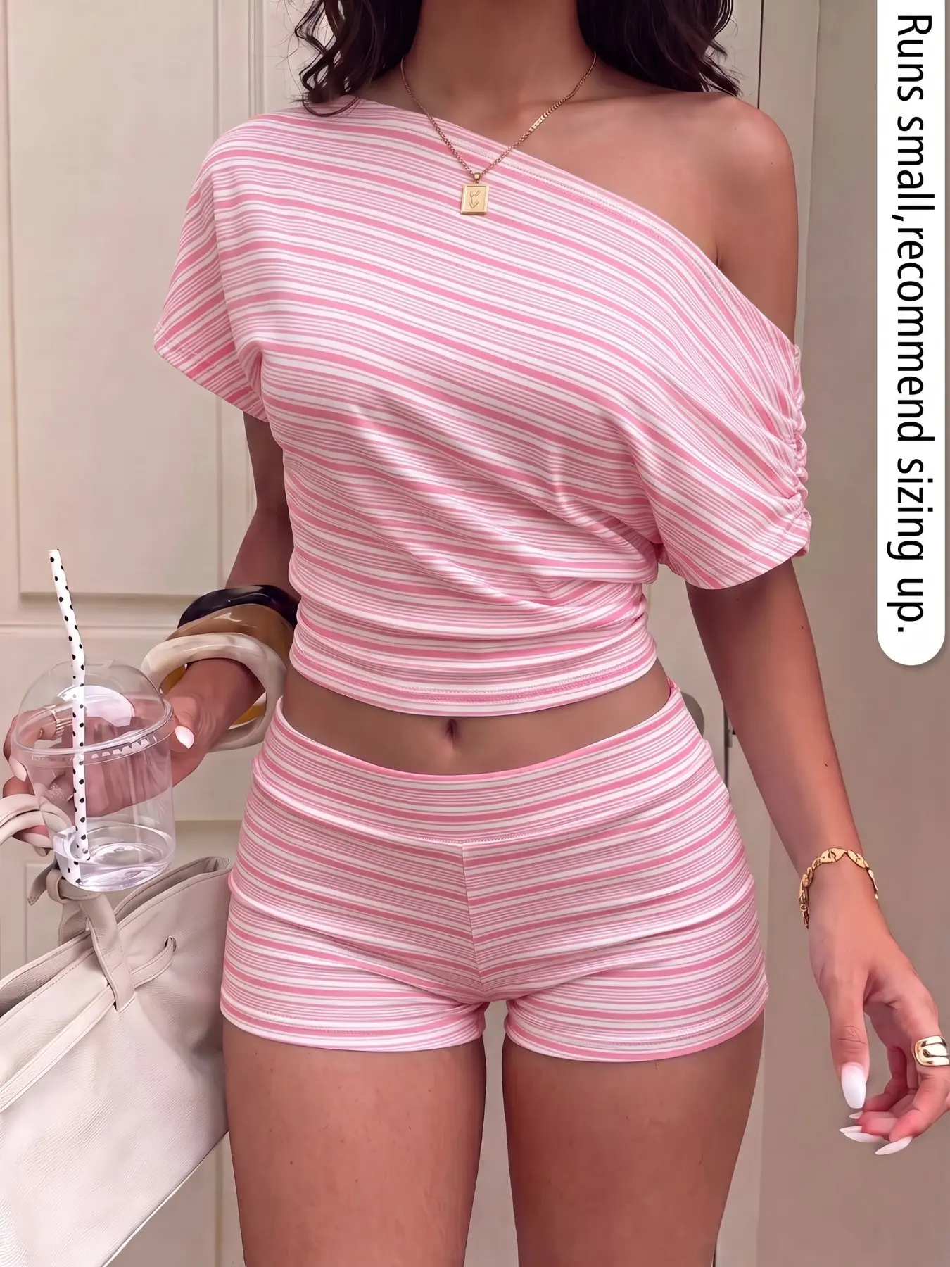 Women Sweet Feminine Two Piece Outfit Pink White Thin Horizontal Stripe Asymmetric Off Shoulder Short Sleeve Side Ruched Cropped Top High Waist Stretch Mini Shorts Soft Knit Co-ord Set Casual Loungewear Beach Holiday Y2K Outfit