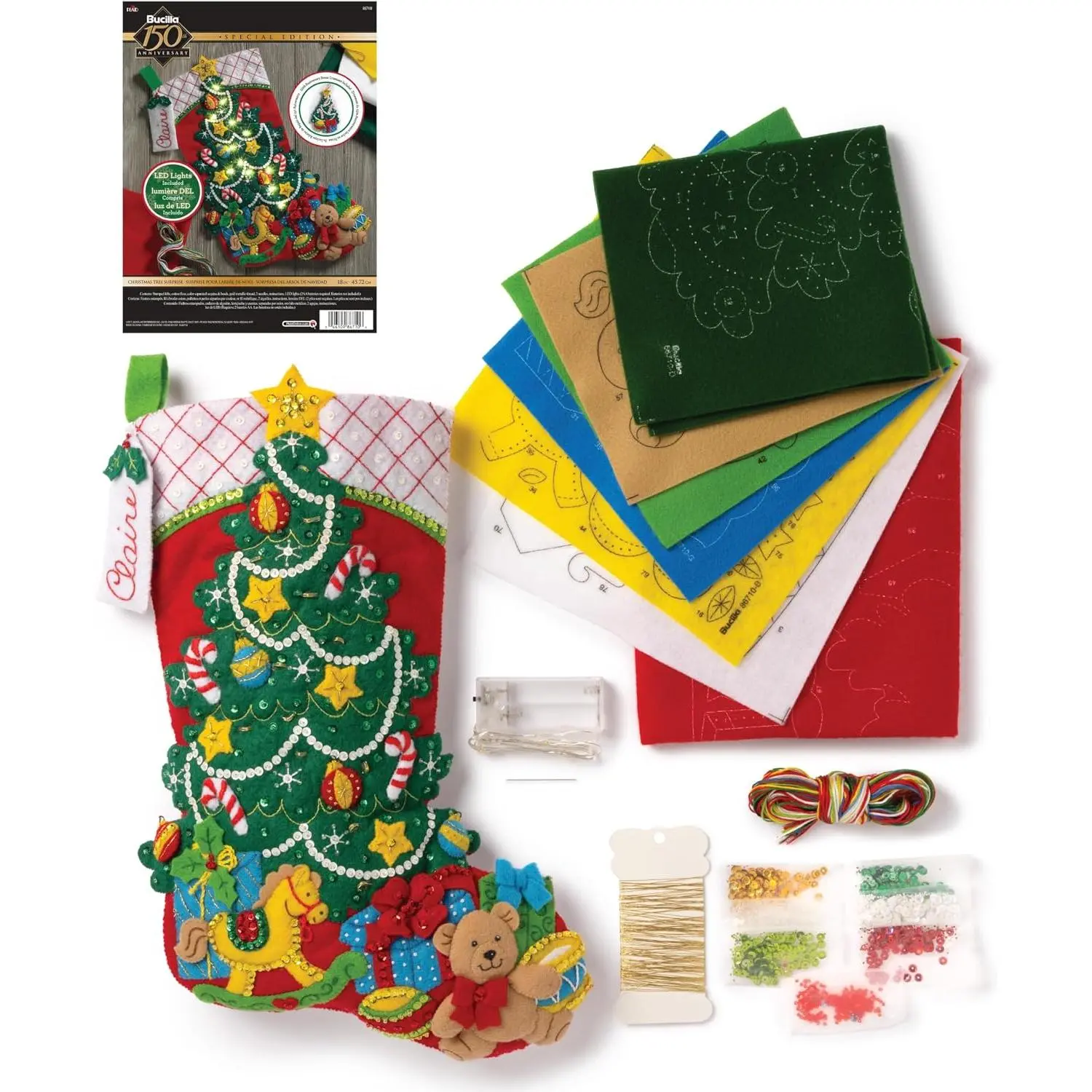 18 In Felt Applique Stocking Making Kit with LED Lights & Christmas Tree Surprise, for DIY Crafts, Home & Festive Party Supplies (86710)