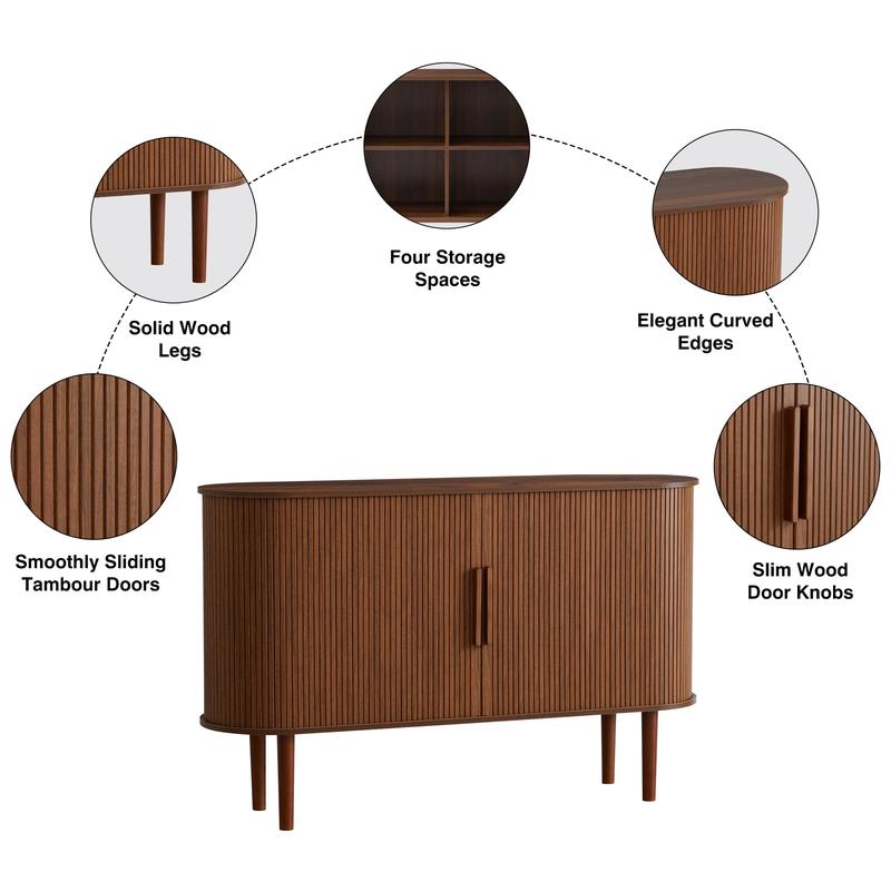 Giratree Furniture 53-Inch Fluted Slide Door Sideboard Cabinet, Modern Oval Tambour Buffet Credenza with Adjustable Shelves, Wooden Storage Console for Living Room, Dining Room, Kitchen, or Entryway