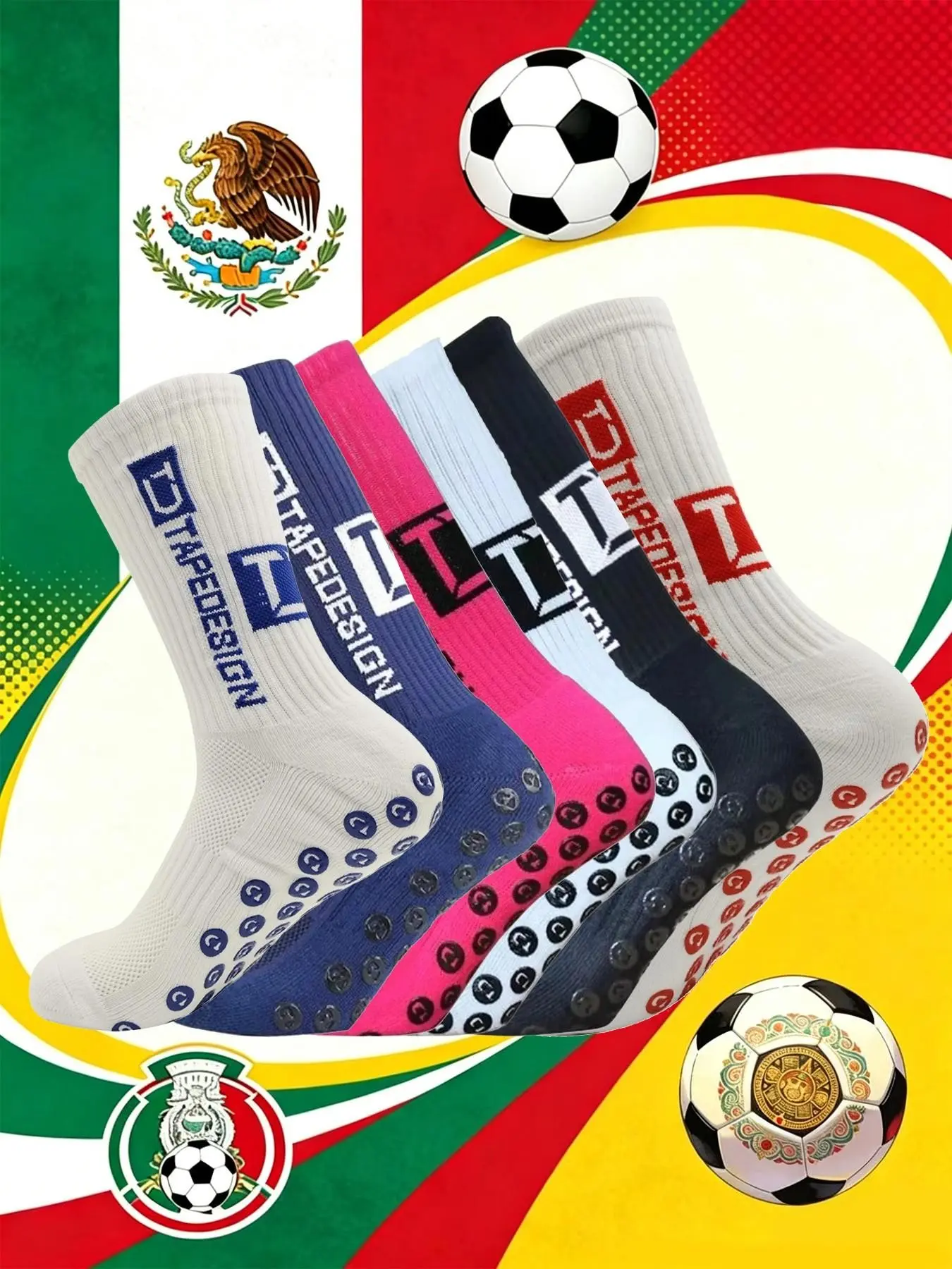 6 Pairs Men's Tc Letter Sports Crew Socks, High-Quality Anti-Slip Football Socks, Breathable Mesh, Moisture-Wicking, All Seasons