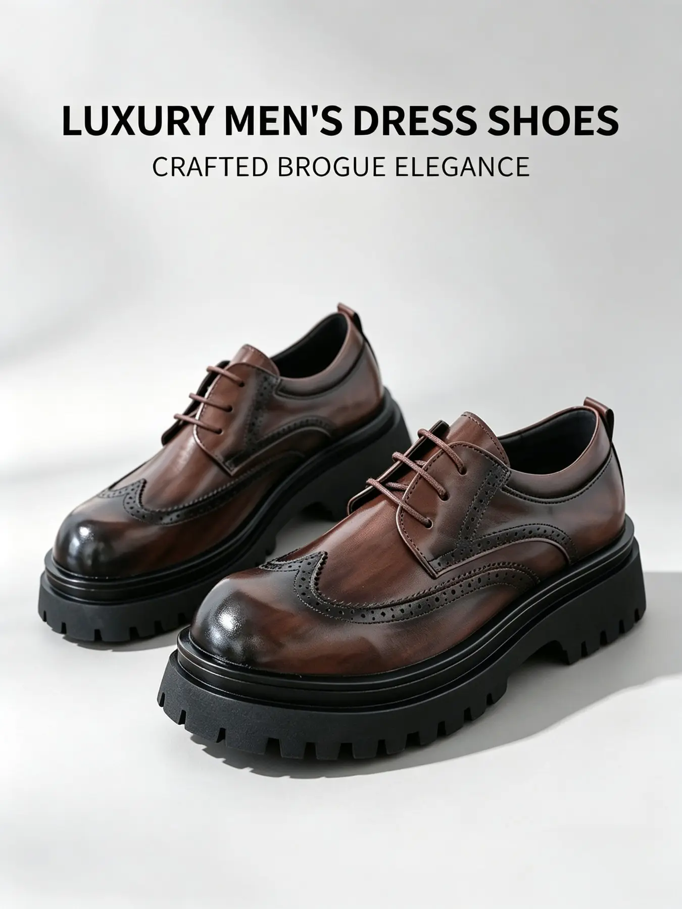 Men's Thick Sole Brogue Derby Shoes, Vintage Lace-Up Business Casual Shoes, Anti-Slip Rubber Sole, Trendy Hollow Out Design, All Seasons, Smart Casual Shoes