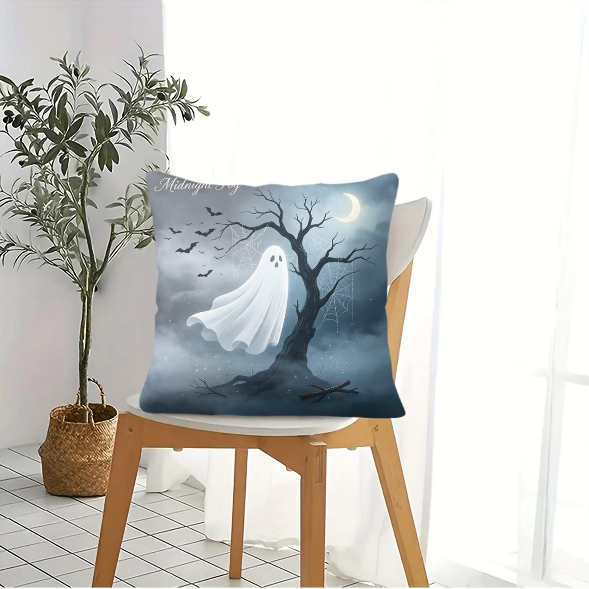 Spooky Halloween Ghost Throw Pillow, featuring bat, bare tree and crescent moon night print, soft durable decorative pillow perfect for sofa, couch, bedroom, living room halloween party decor, comes with pillow insert
