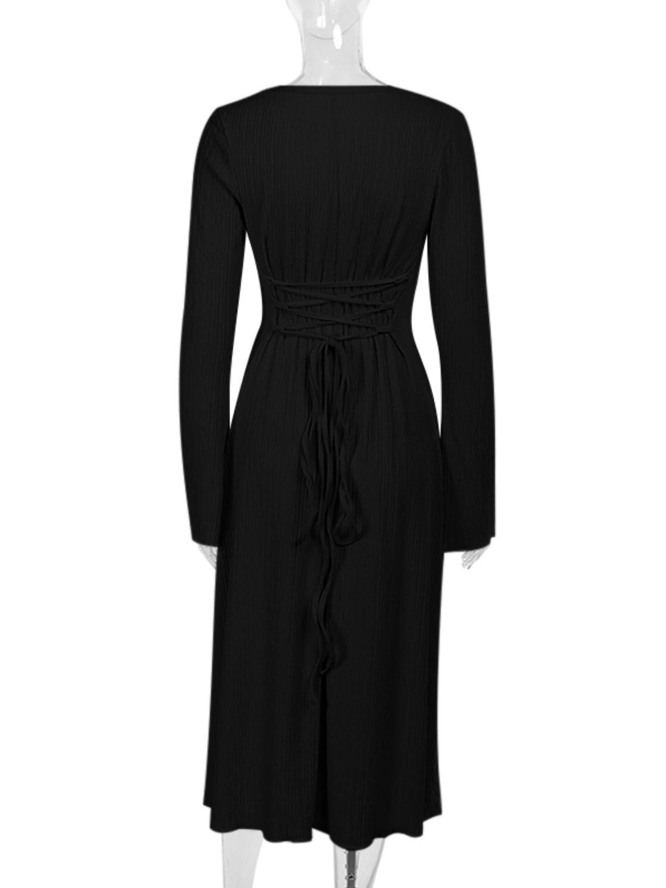 Women's Plain Lace Up Tie Back Flounce Sleeve Dress, 1 Count Elegant Square Neck Long Sleeve A Line Dress for Formal Party Holiday Wedding Guest, Ladies Spring&Fall Clothes