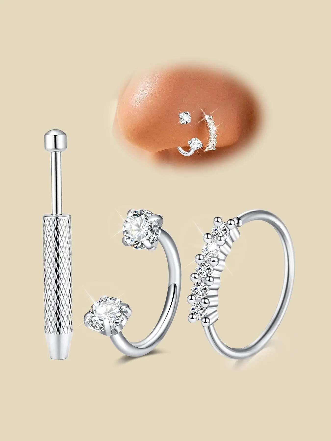 18G horseshoe nose ring for women, cubic zirconia heart-shaped nose ring, stainless steel tragus cartilage earrings, ear helix jewelry, double gemstone nose piercing jewelry, Rhinestone Nose Ring, Body Jewelry
