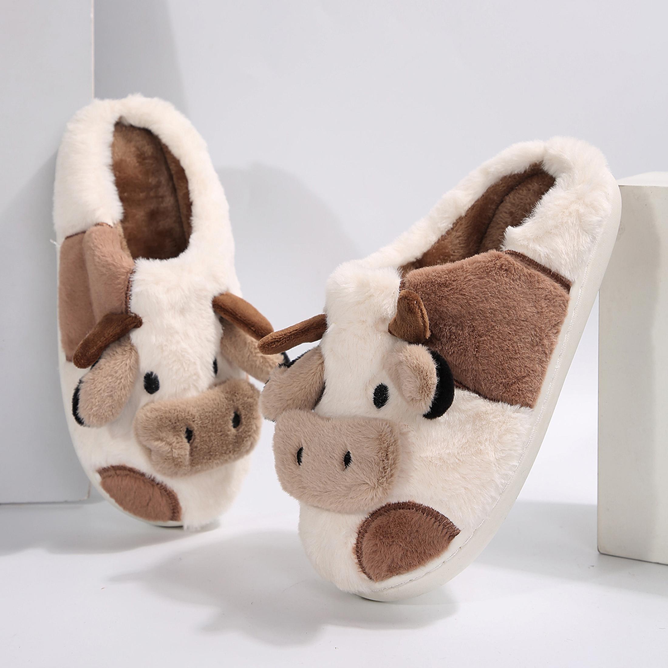 Cartoon Cow Cotton Slippers, Winter Indoor Outdoor Slippers for Women