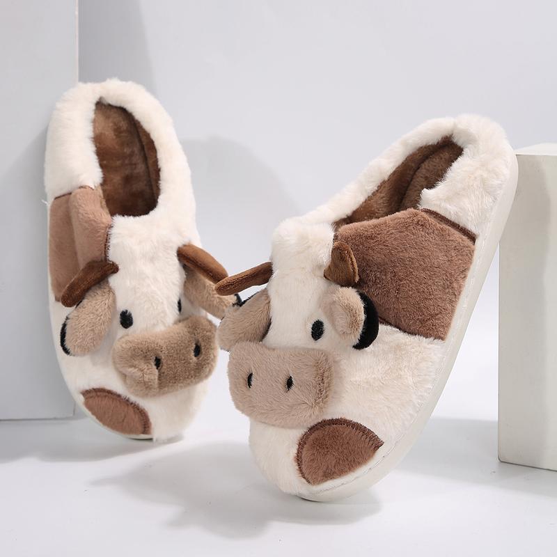 Cartoon Cow Cotton Slippers, Winter Indoor Outdoor Slippers for Women