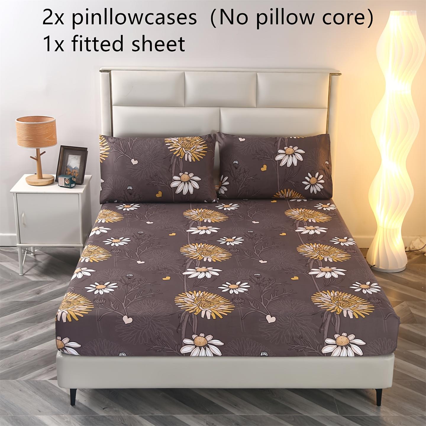 3pcs Floral Print Bedding Set, Floral Sheets, Soft and Comfortable, Suitable for Bedroom, Guest Room, Includes One Fitted Sheet + Two Pillowcases, No Core, Bed Sheet Replacement, Fitted Sheet With Pillowcases, Printed Floral Design, Comfortable Sheet Set