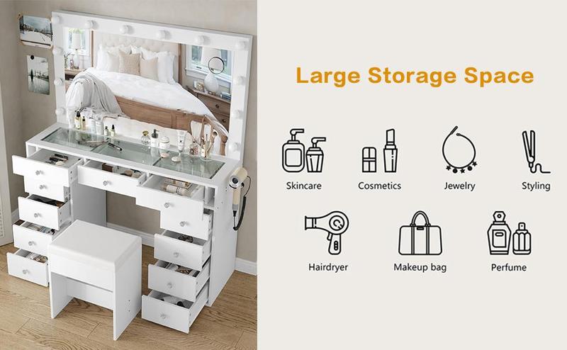 FUSOU 47"W 11 Drawer Vanity Desk with Power Outlet, Vanity Table with Chair, 3 Lighting Modes,Dressing Room, Makeup Vanity with Mirror and 12 LED Lights FUSOU 47"W 11 Drawer Vanity Desk with Power Outlet, Vanity Table with Chair, 3 Lighting Modes,Dressing Room, Makeup Vanity with Mirror and 12 LED Lights