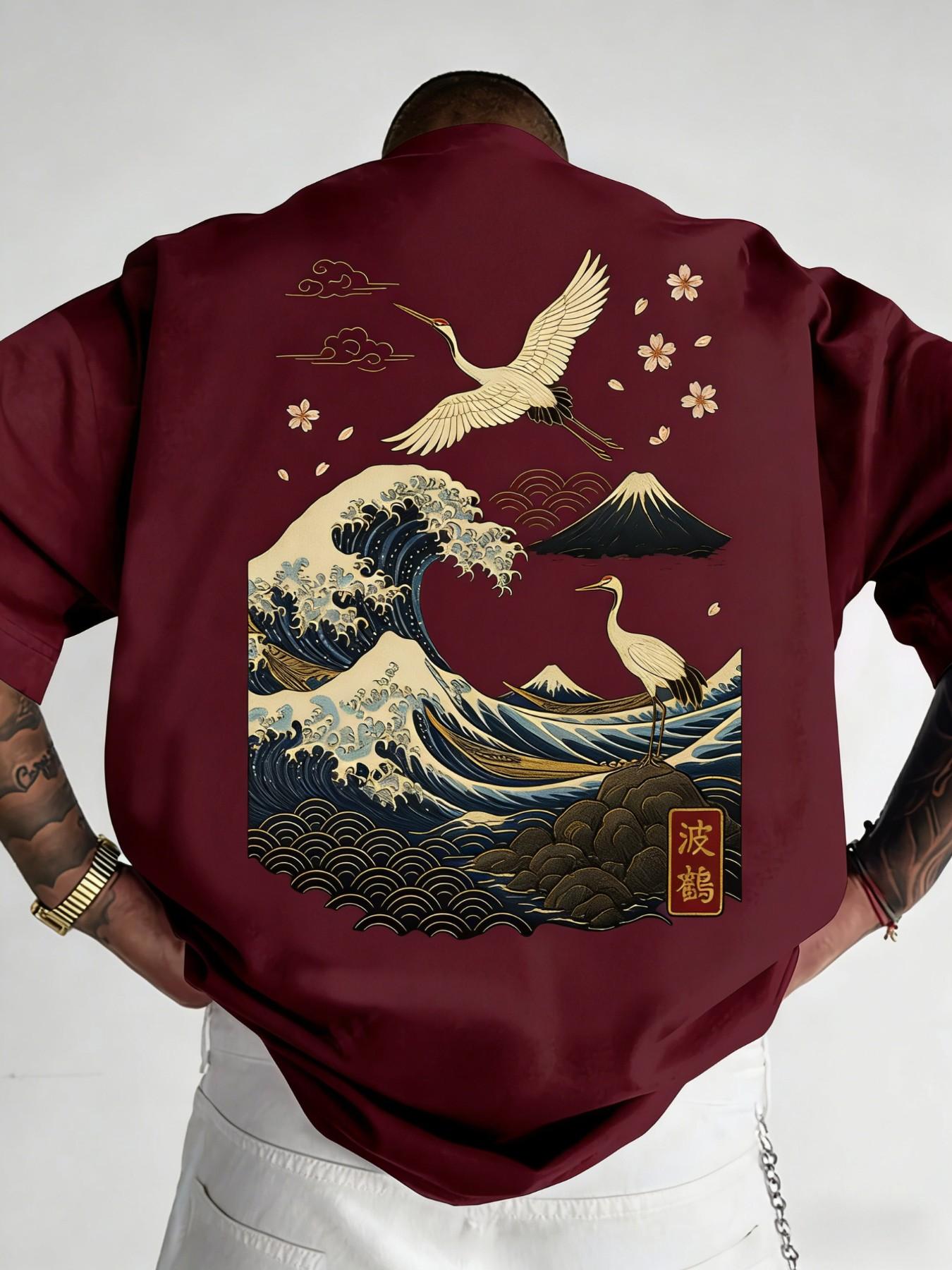 Men's Plus Size Loose Fit Round Neck Short Sleeve T-Shirt, Wave and Crane Print, Asymmetric Japanese Art Design, Beach Music Festival Daily Wear