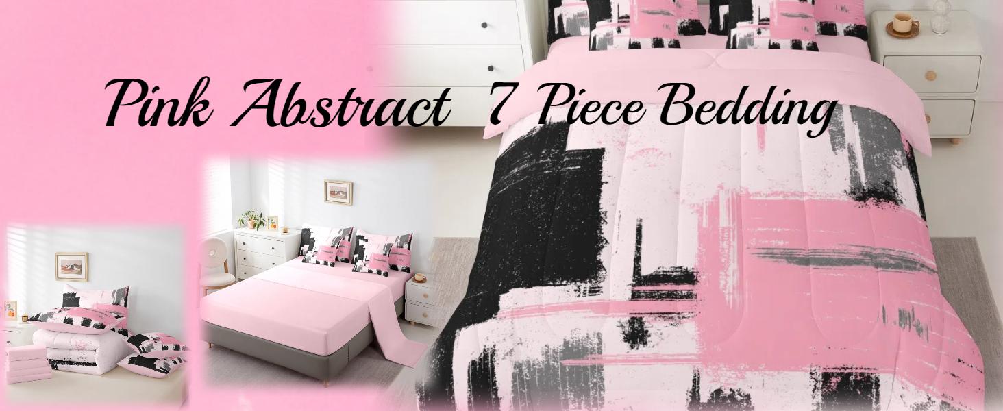 Abstract 7 Piece Multiple Sizes Bed Set Includes Comforter,Sheet Set,Modern Abstract Art  Bedding Set,Pink Black Pattern Bedding Sets